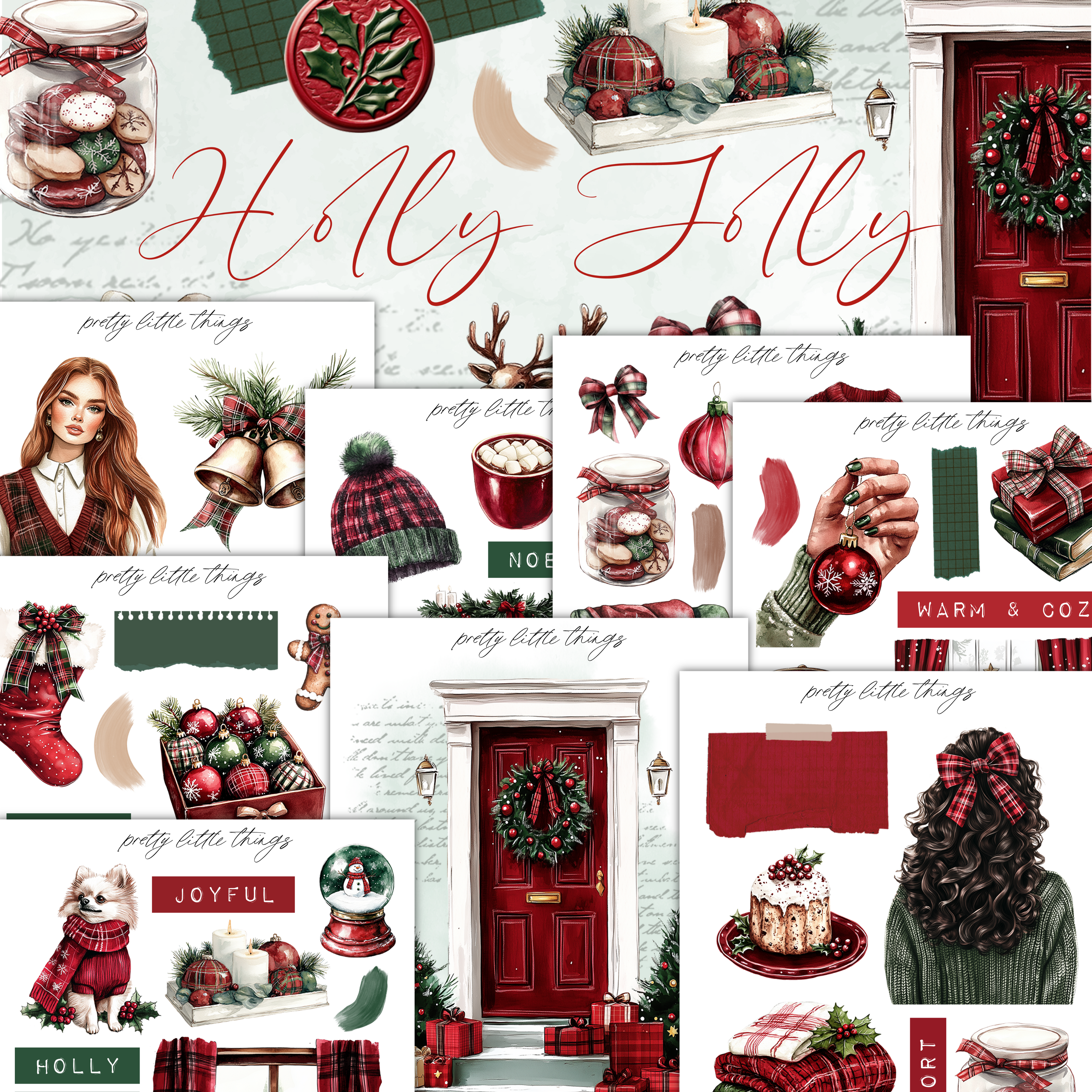 The image is a collage of various Christmas-themed illustrations and objects, including a wreath, a Christmas tree, a fireplace, a mug, a bowl, a pair of hands, a snow globe, and other festive items. The collage is titled "Holly" and includes the words "Holly" written in red cursive letters.