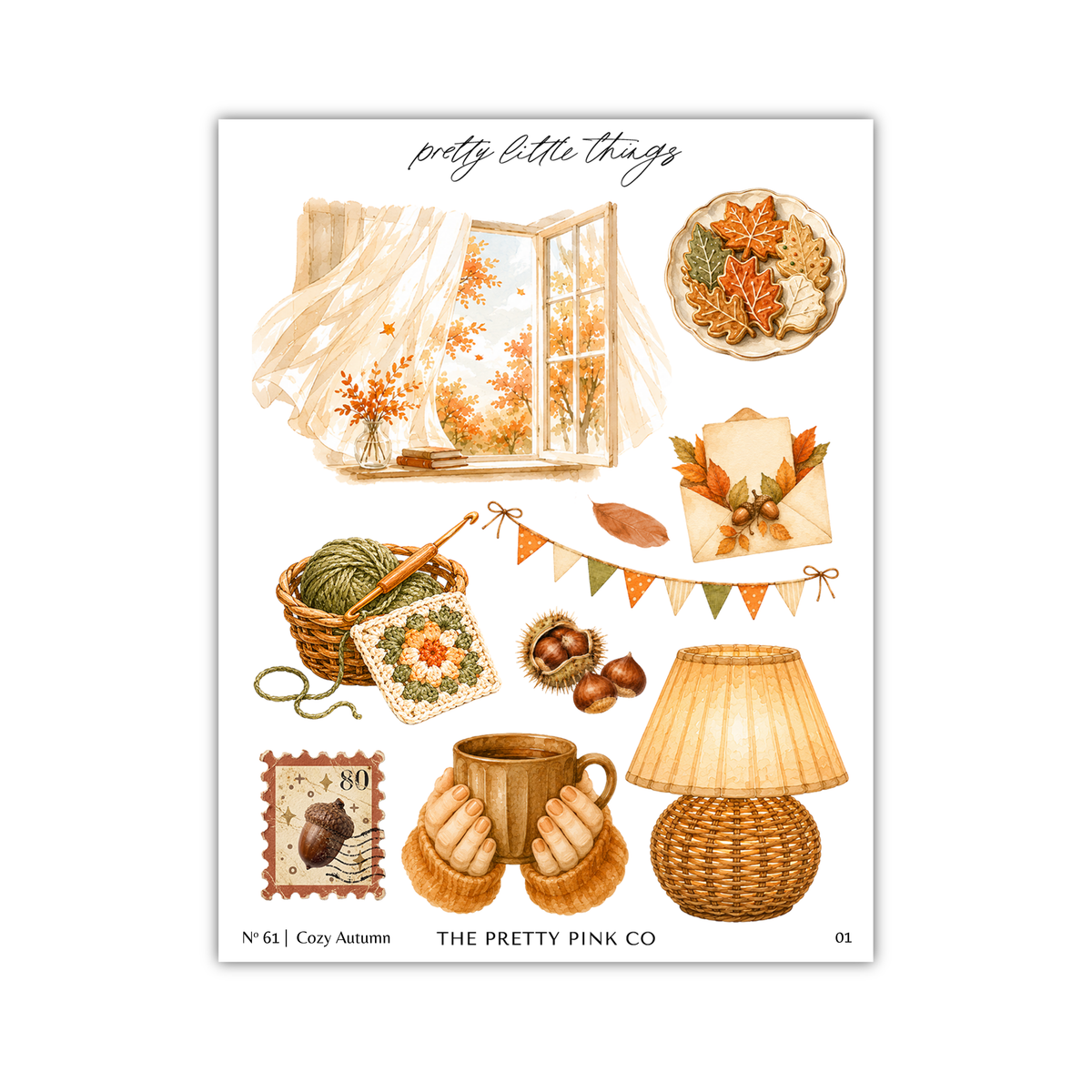 The image is a collage of various autumn-themed items, including a window with falling leaves, a plate of food, a basket of yarn, a lamp, a stamp, and a postcard.