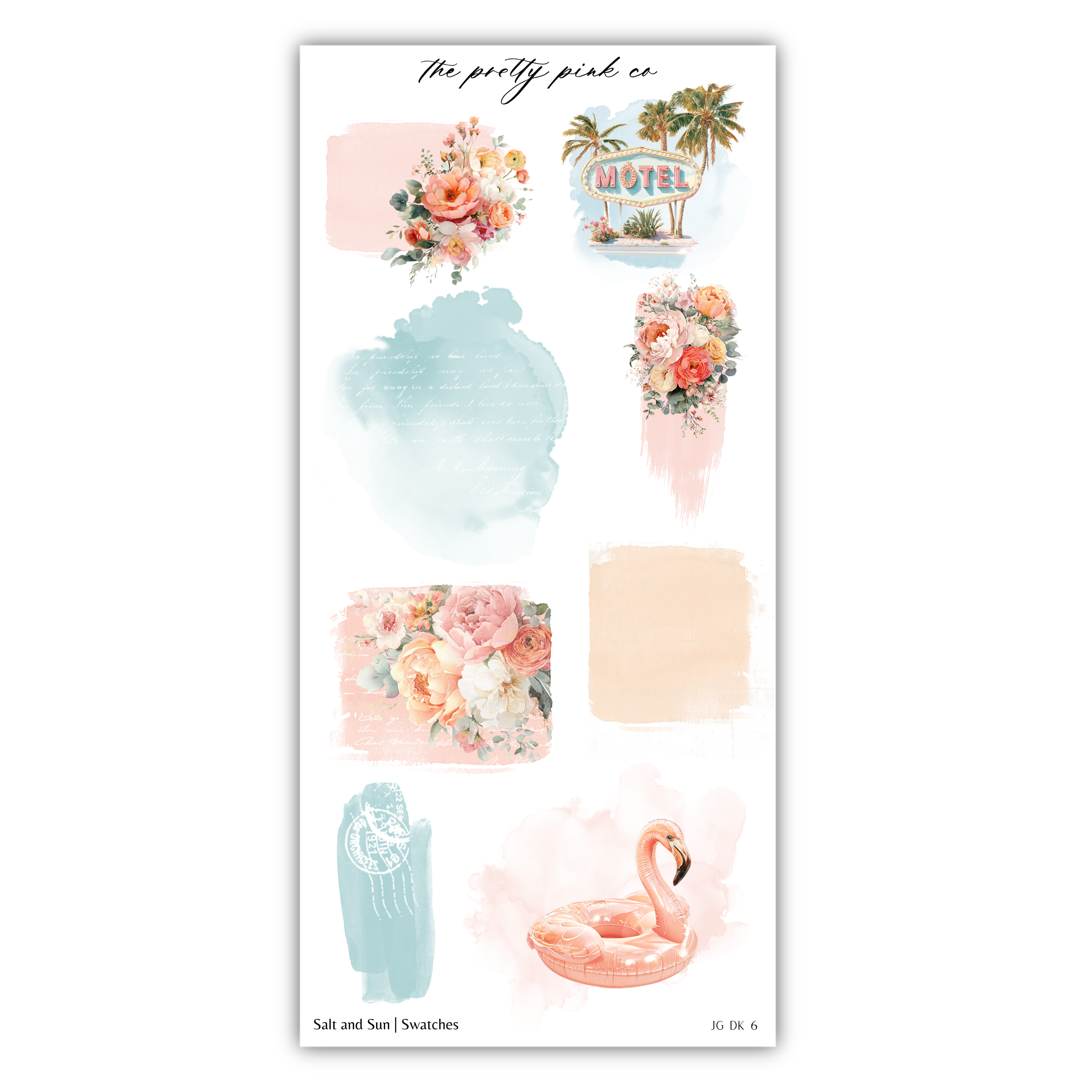 various watercolor-style illustrations and floral designs, including a hotel sign, a pink flamingo, and a watercolor background.