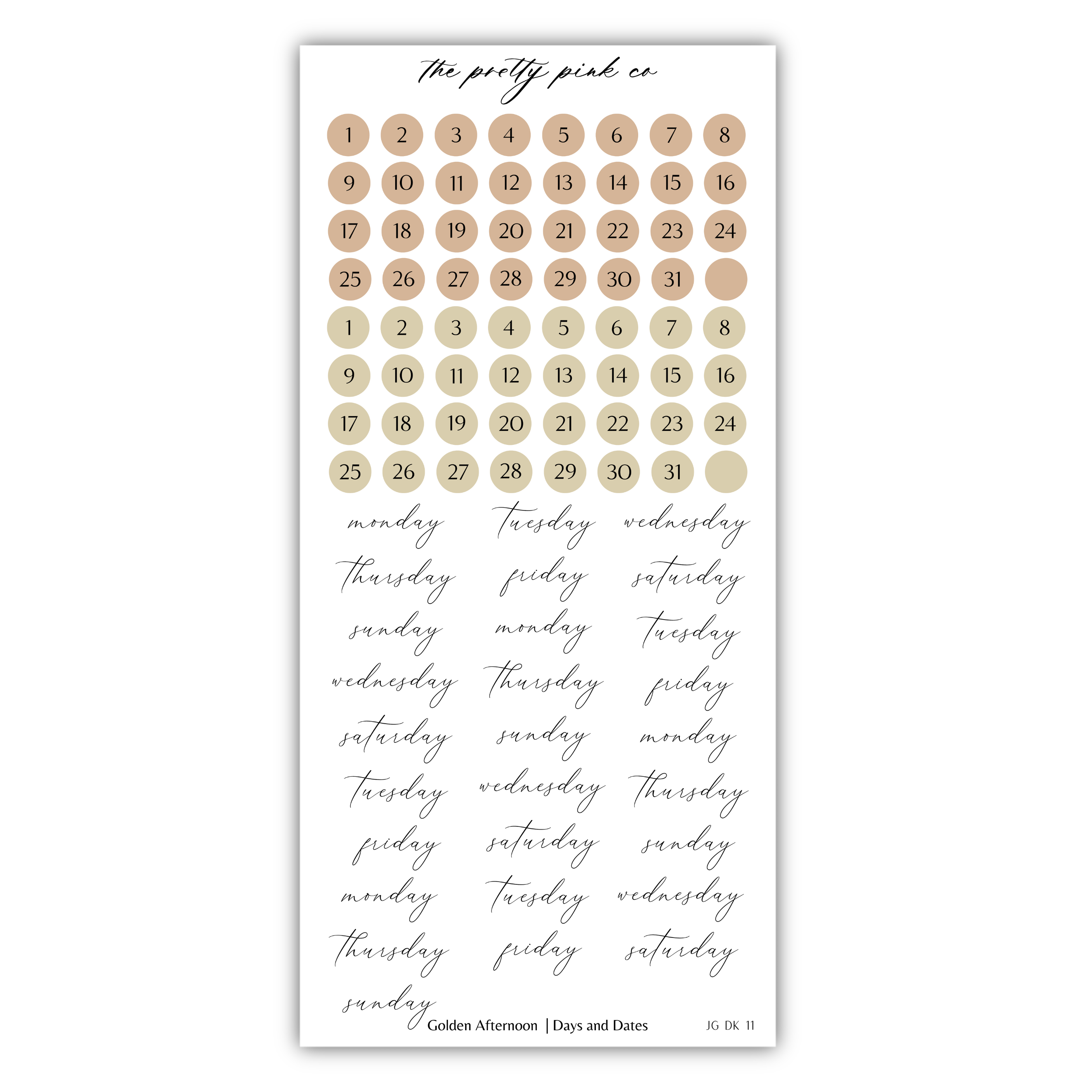 The image is a calendar with a grid of numbered days and days of the week written in cursive.