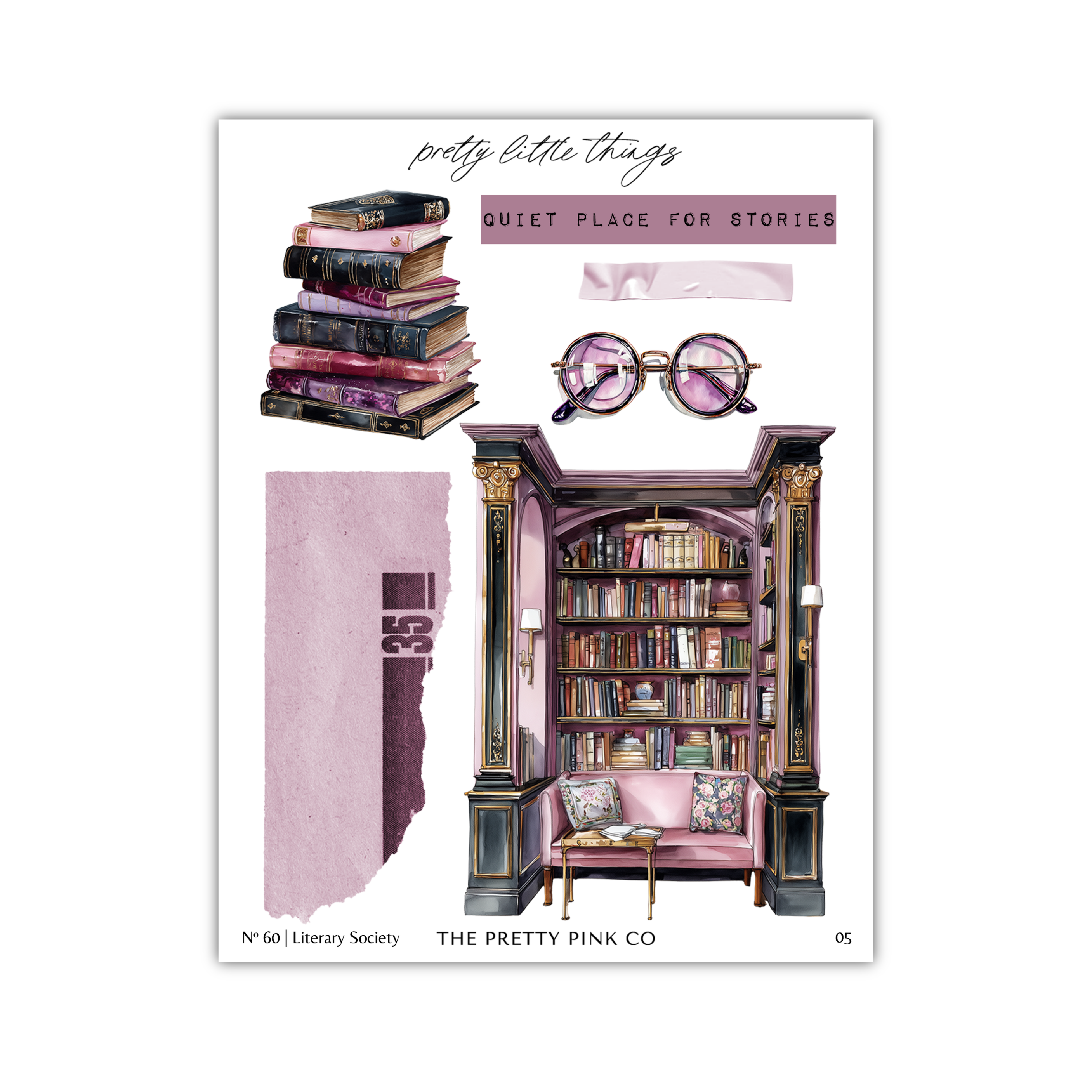The image is a collage of various elements related to a quiet place for stories, including a bookshelf, glasses, and a pink couch.