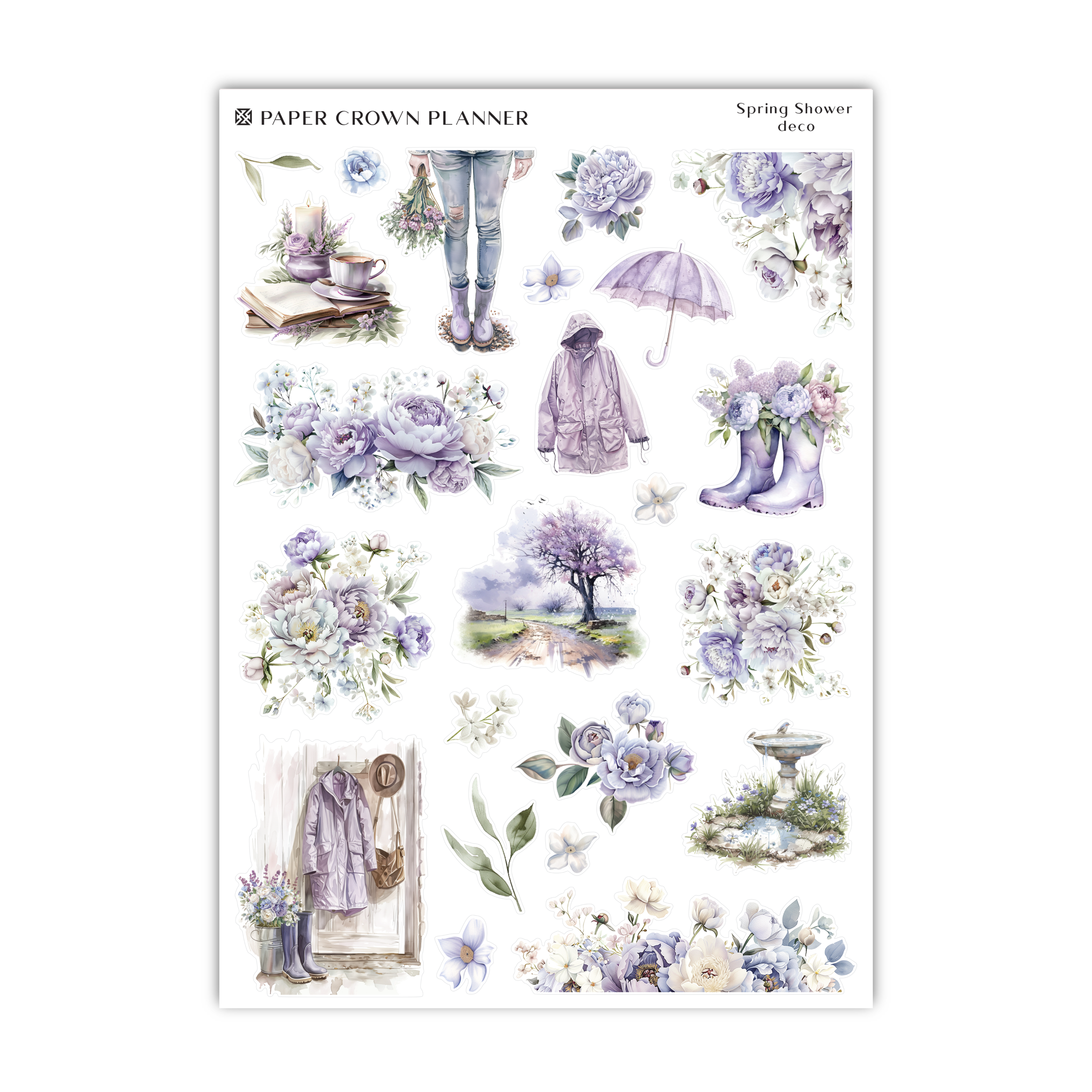 a sticker sheet with purple flowers and purple rain boots