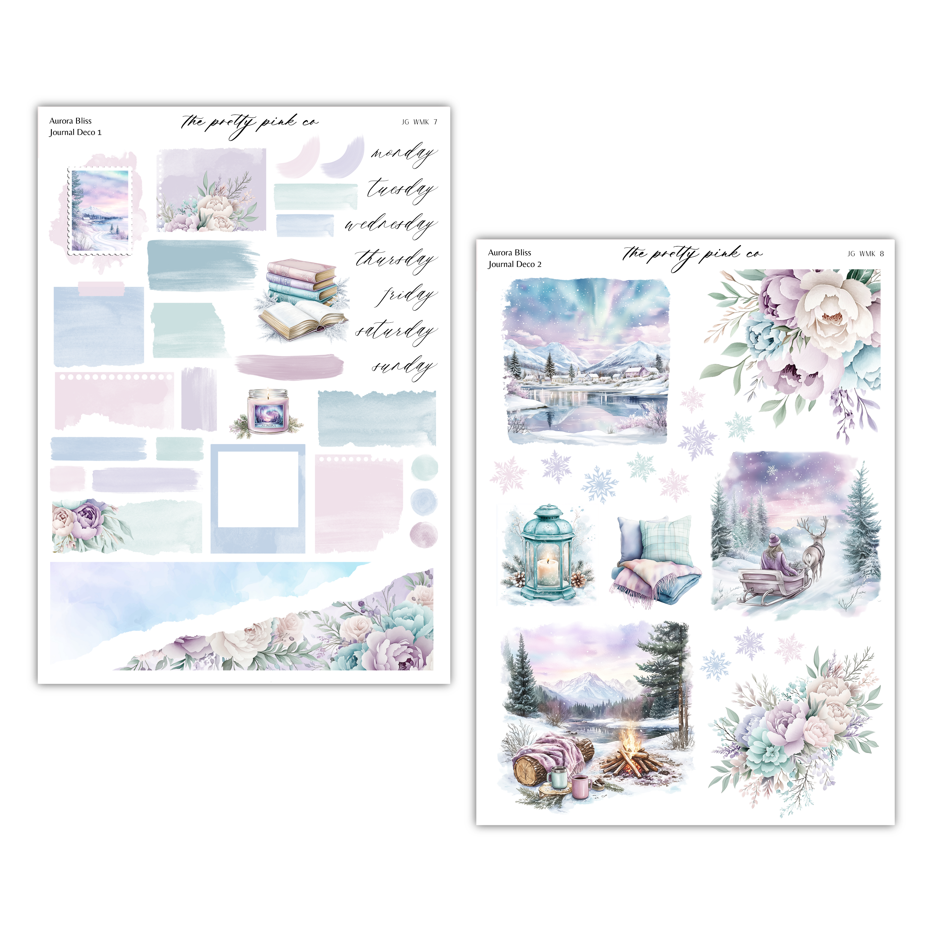 two sheets of stickers with watercolor illustrations