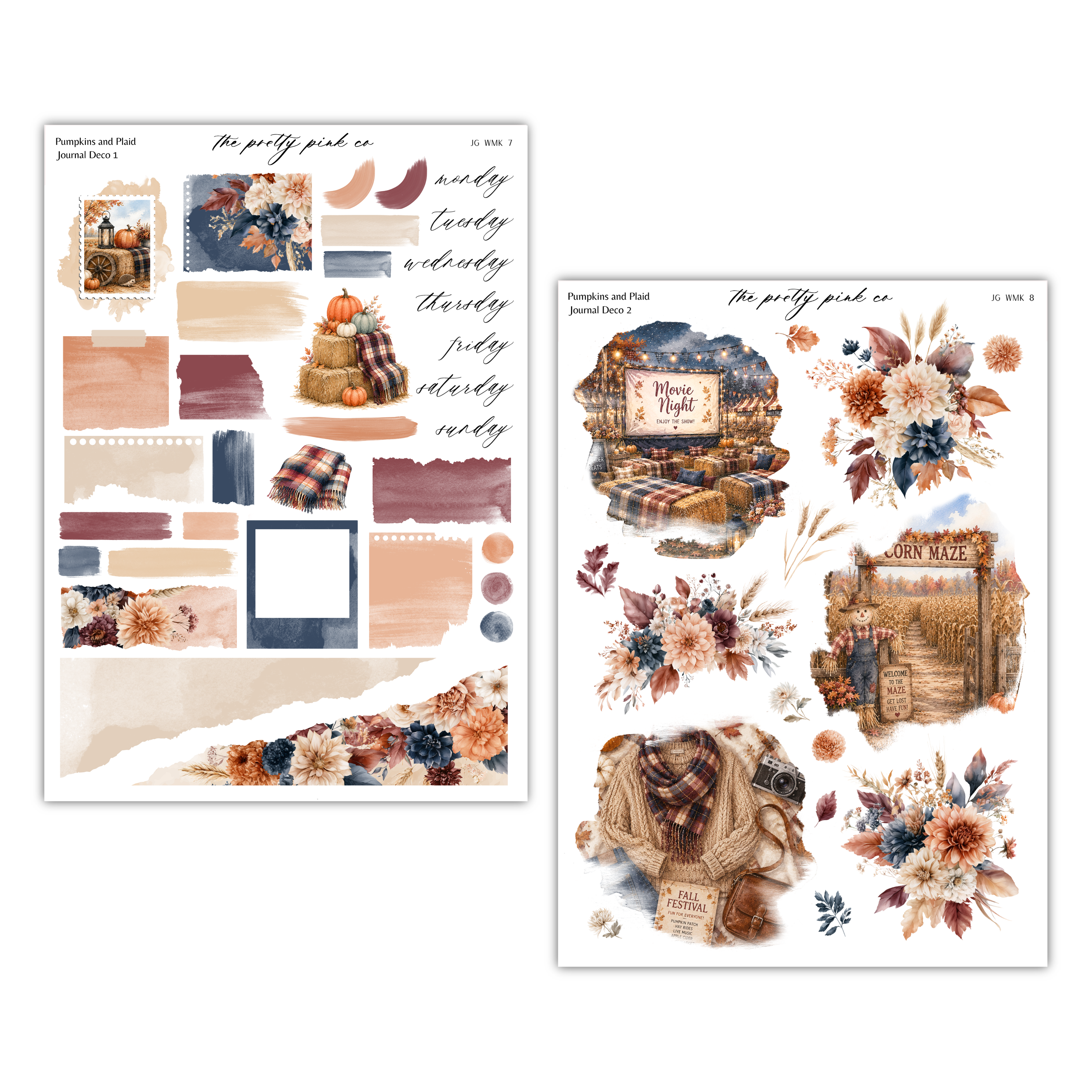 a collection of autumn-themed elements, including pumpkins, plaid blankets, and a sign that reads "Movie Night". The elements are arranged in a collage-like manner, creating a visually appealing and seasonal composition.