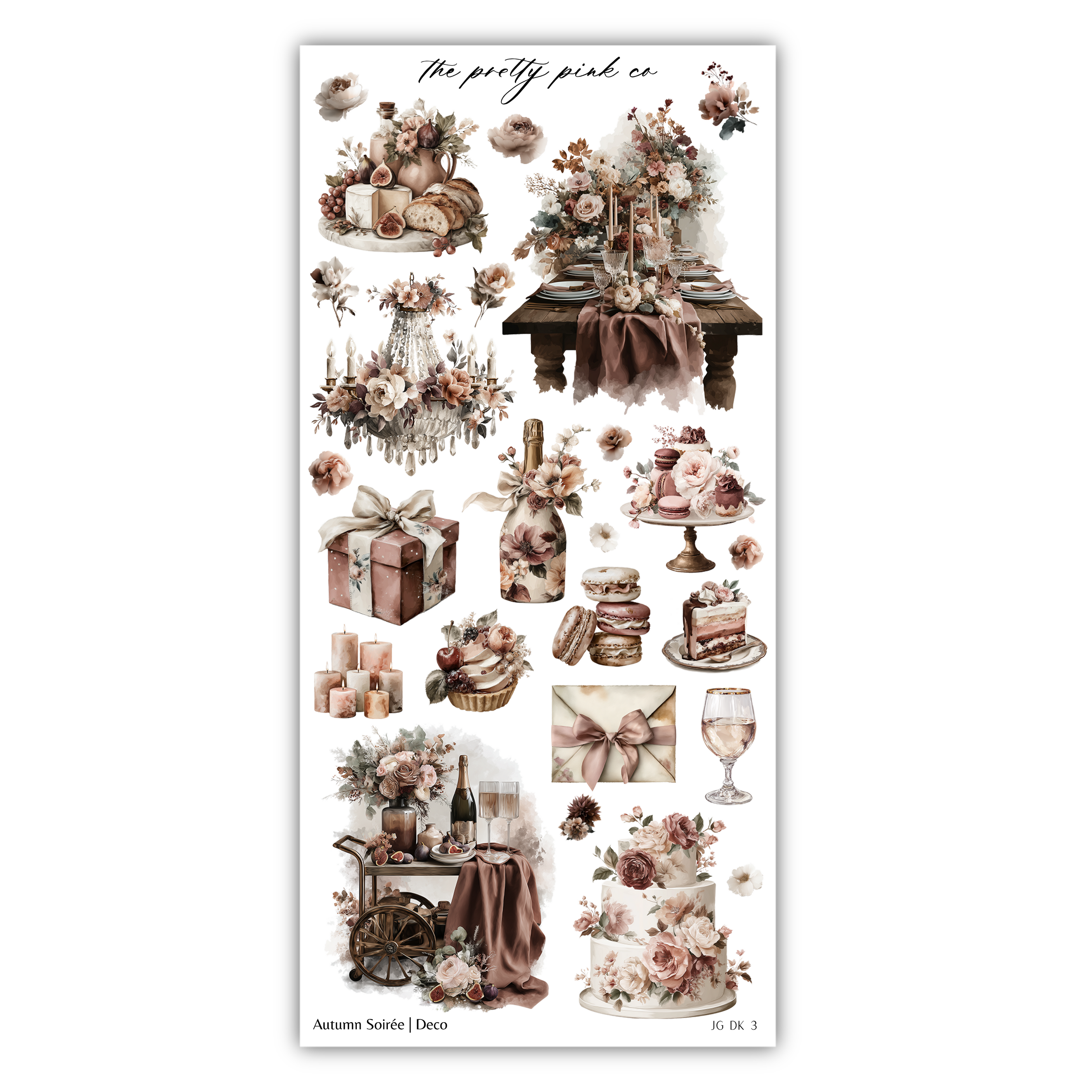 The image is a collage of various floral arrangements, desserts, and decorative items, including cakes, vases, and other decorative elements, all set against a white background.