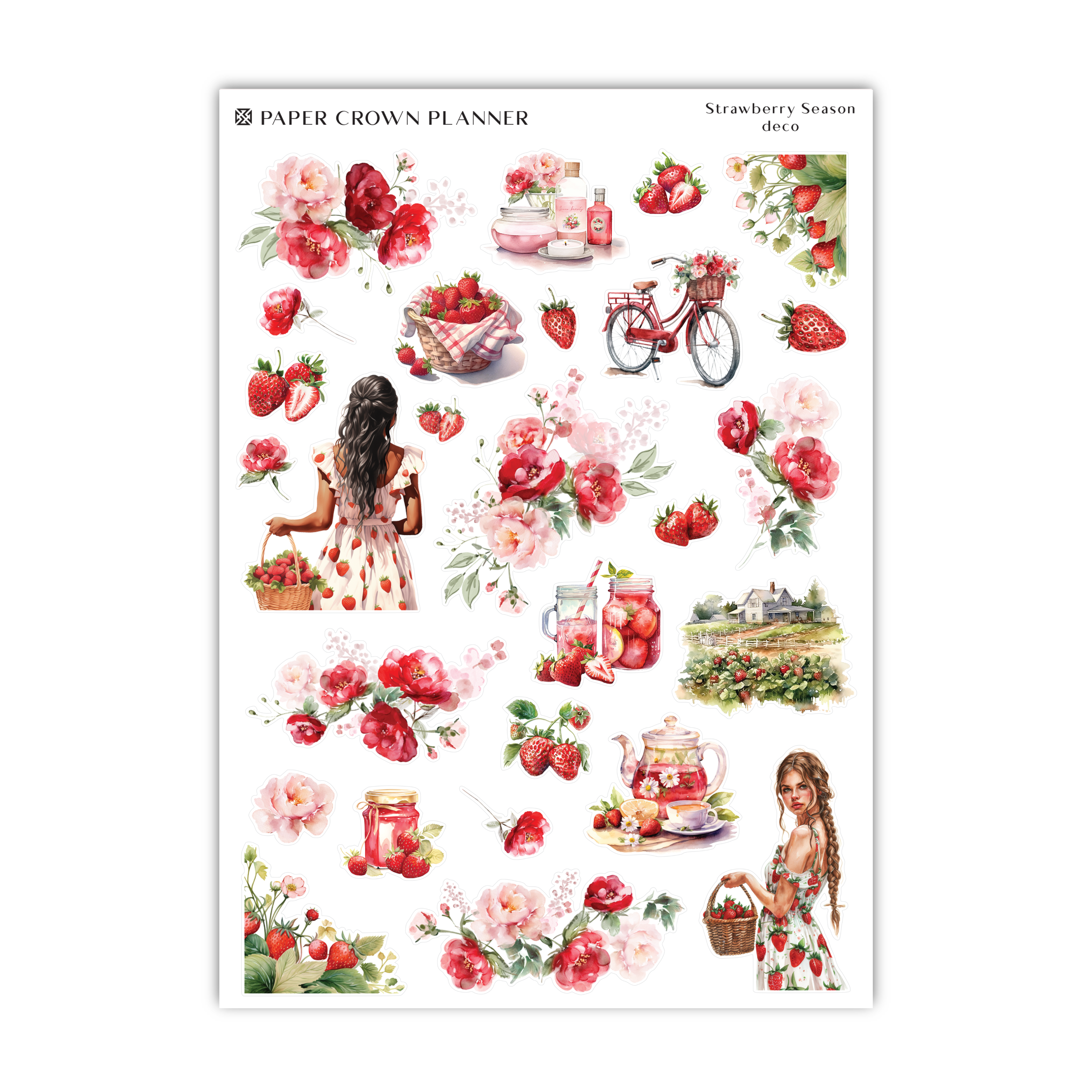 a sticker sheet with a girl and flowers on it