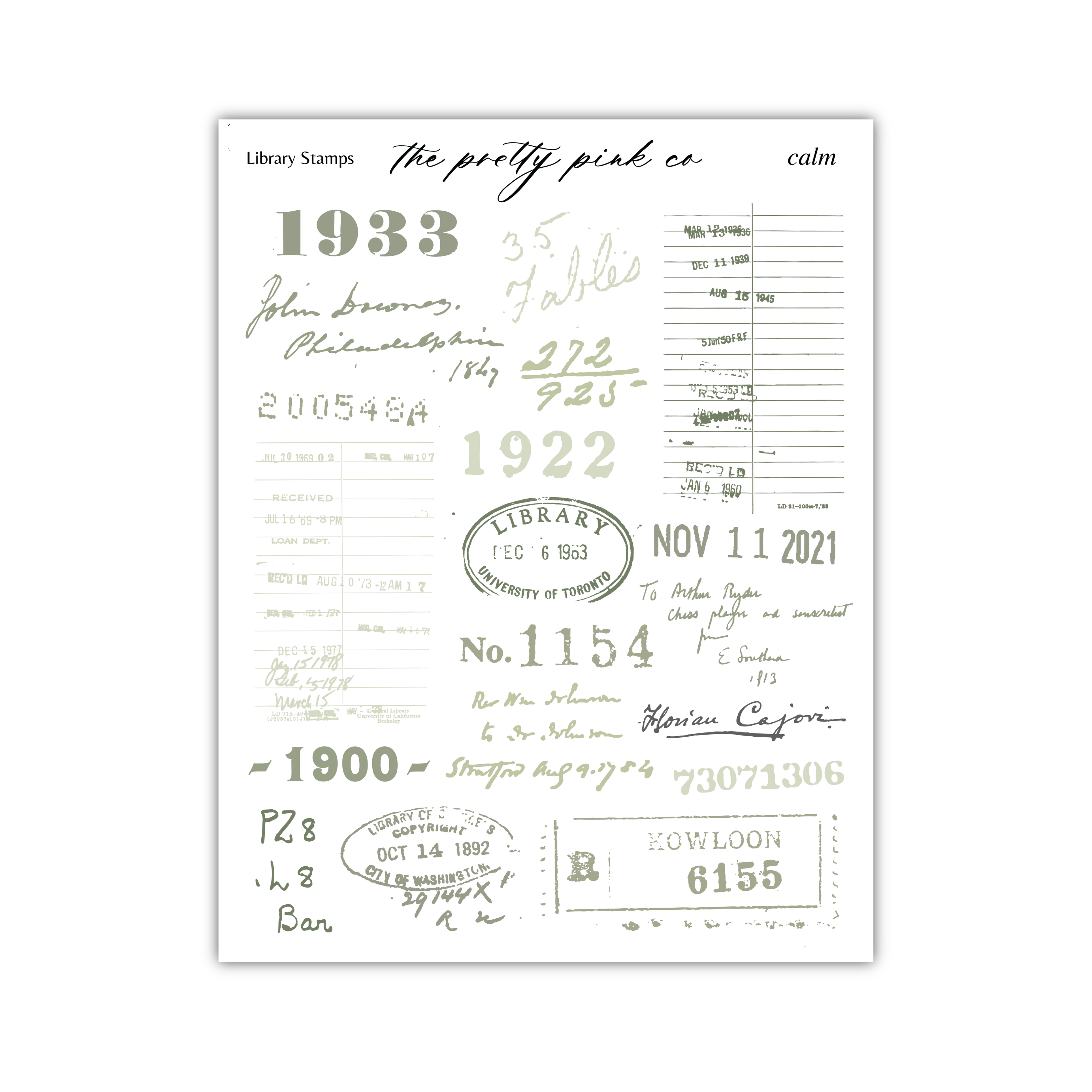 various library-related items and information, including a library stamp, library catalog numbers, and handwritten text. The image is not a typical library stamp, but it contains some library-related elements such as library catalog numbers and handwritten text.