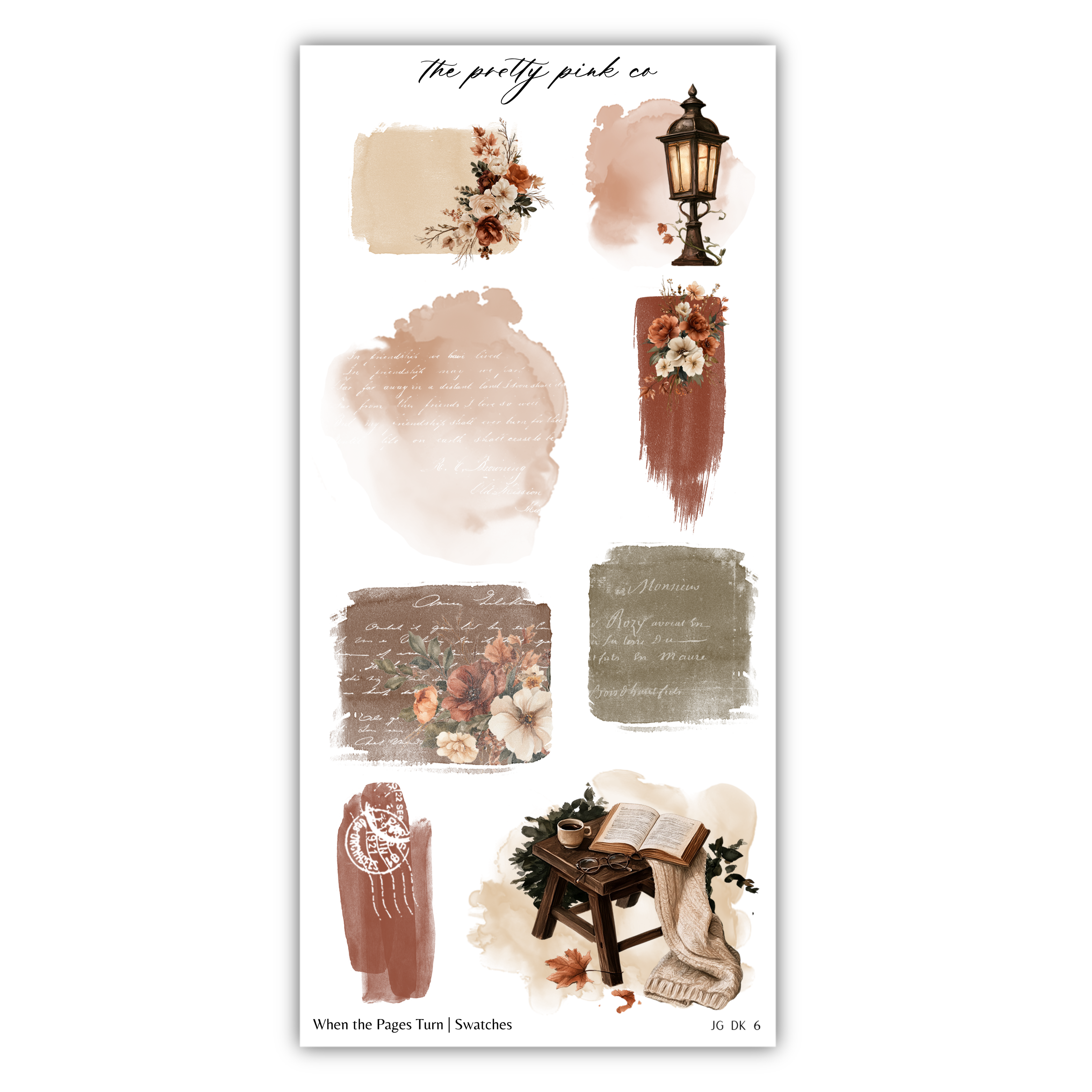 The image is a collage of various artistic elements, including a lantern, flowers, a book, and a dreamcatcher. The collage is titled "When the Pages Turn / Swatches" and includes text that describes the different elements in the image.