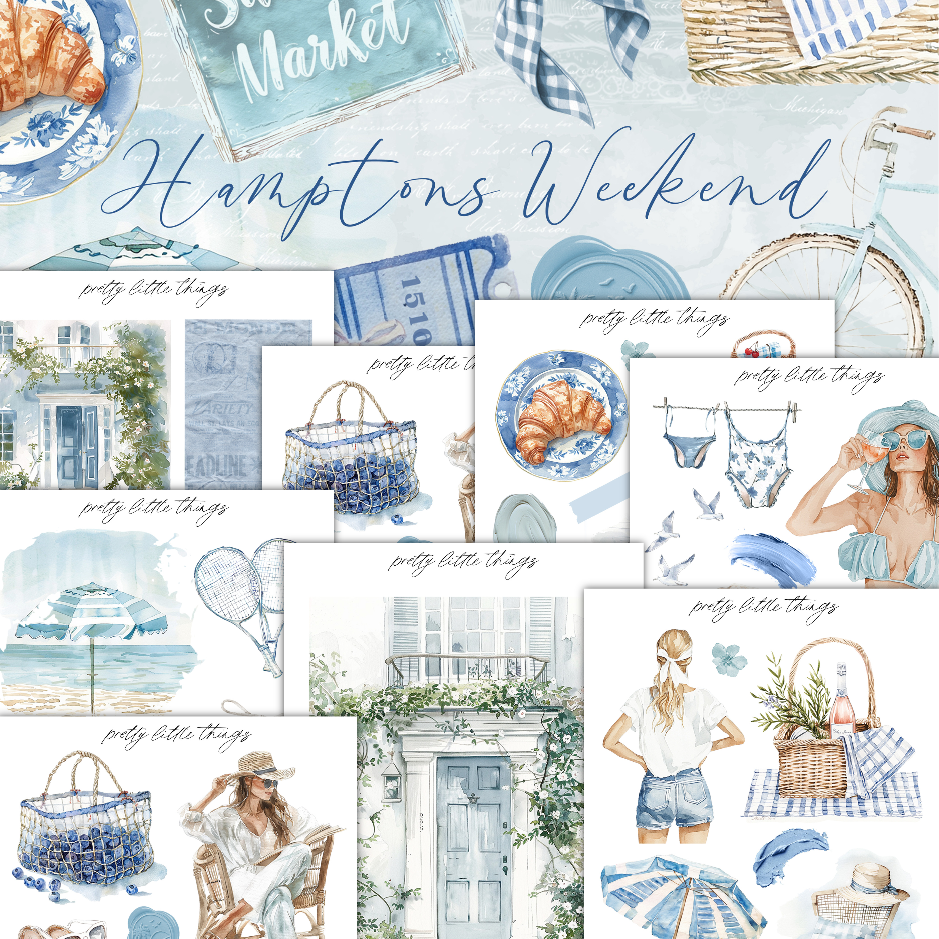 The image is a collage of various illustrations and objects related to the theme of "HampTONS WEEKEND", including a blue and white checkered sign, a basket of croissants, a woman in a hat, a tennis racket, a basket of flowers, and a woman sitting on a bench.