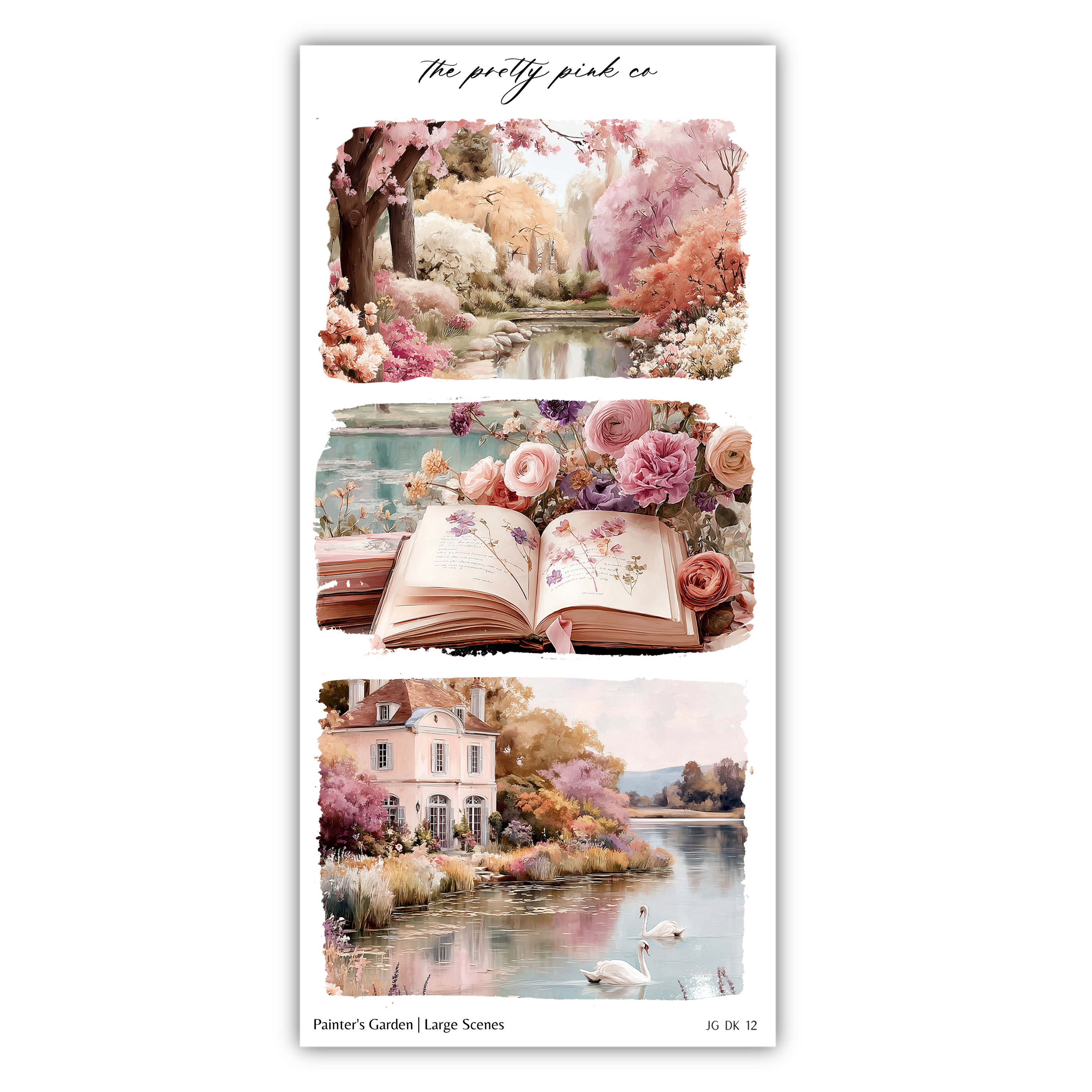 The image is a collage of three pictures depicting various scenes, including a garden, a book, and a lake.
