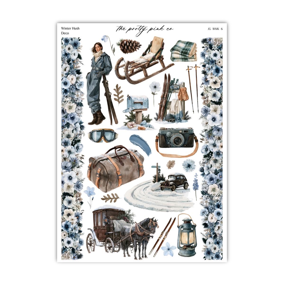 The image is a collage of various winter-themed items, including a person in a winter coat, a sled, a camera, a horse-drawn carriage, and other winter-related objects.