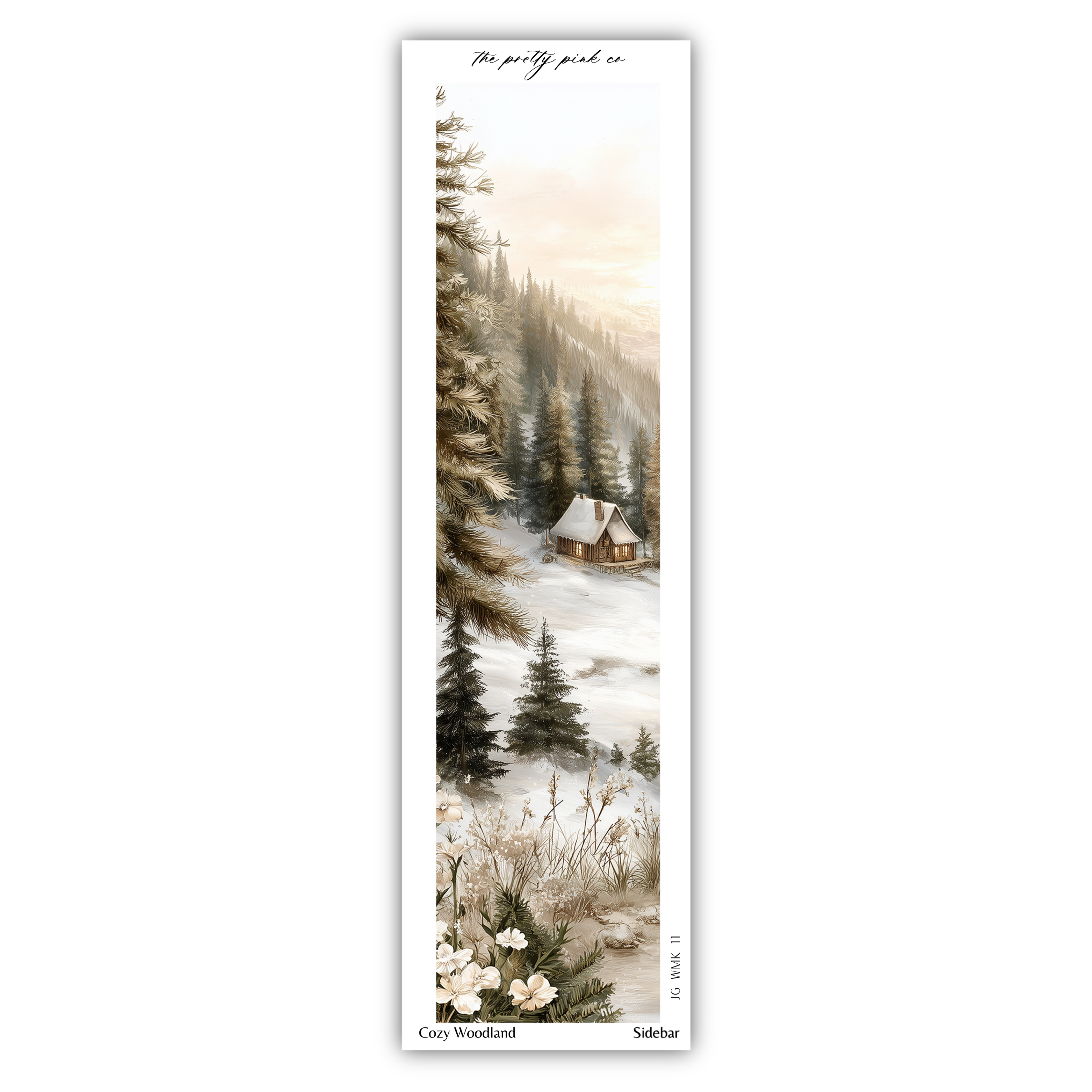 A snowy forest landscape with a small cabin nestled among the trees.