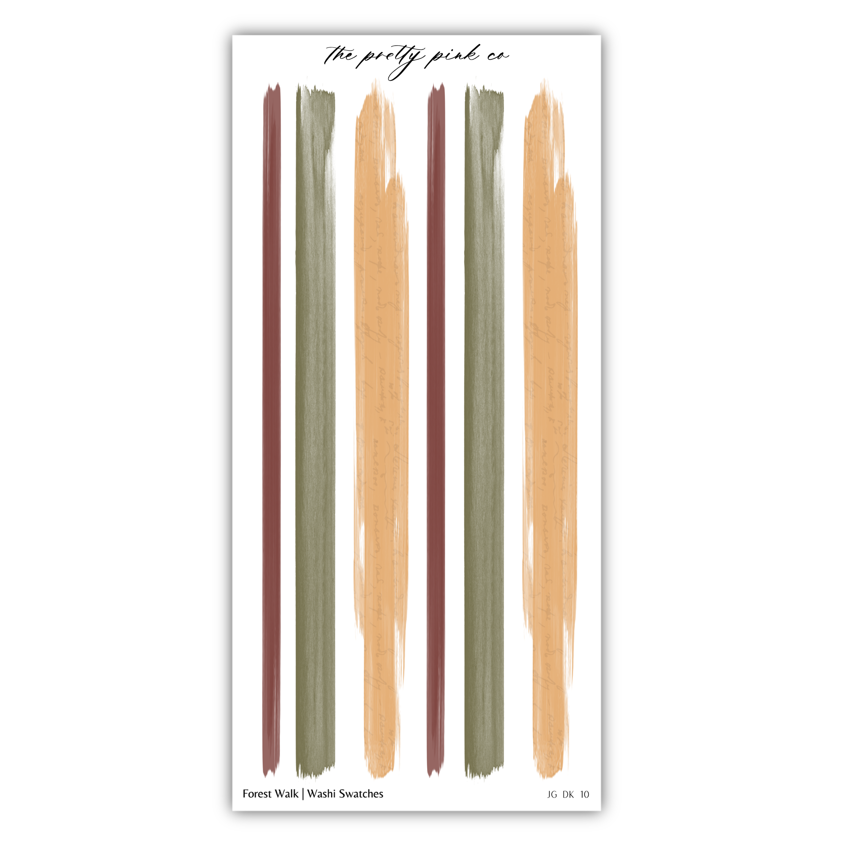 The image is a collage of various brush strokes in different colors, including green, brown, and orange, arranged in a vertical line.