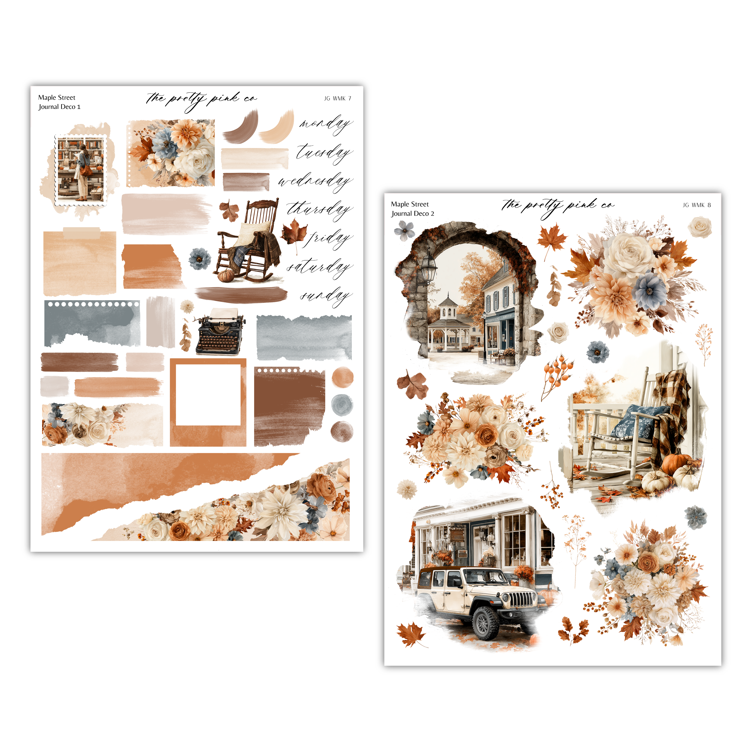 a collection of autumn-themed elements, including a house, a car, flowers, leaves, and a chair. The elements are arranged in a visually appealing manner, creating a harmonious and cohesive composition.