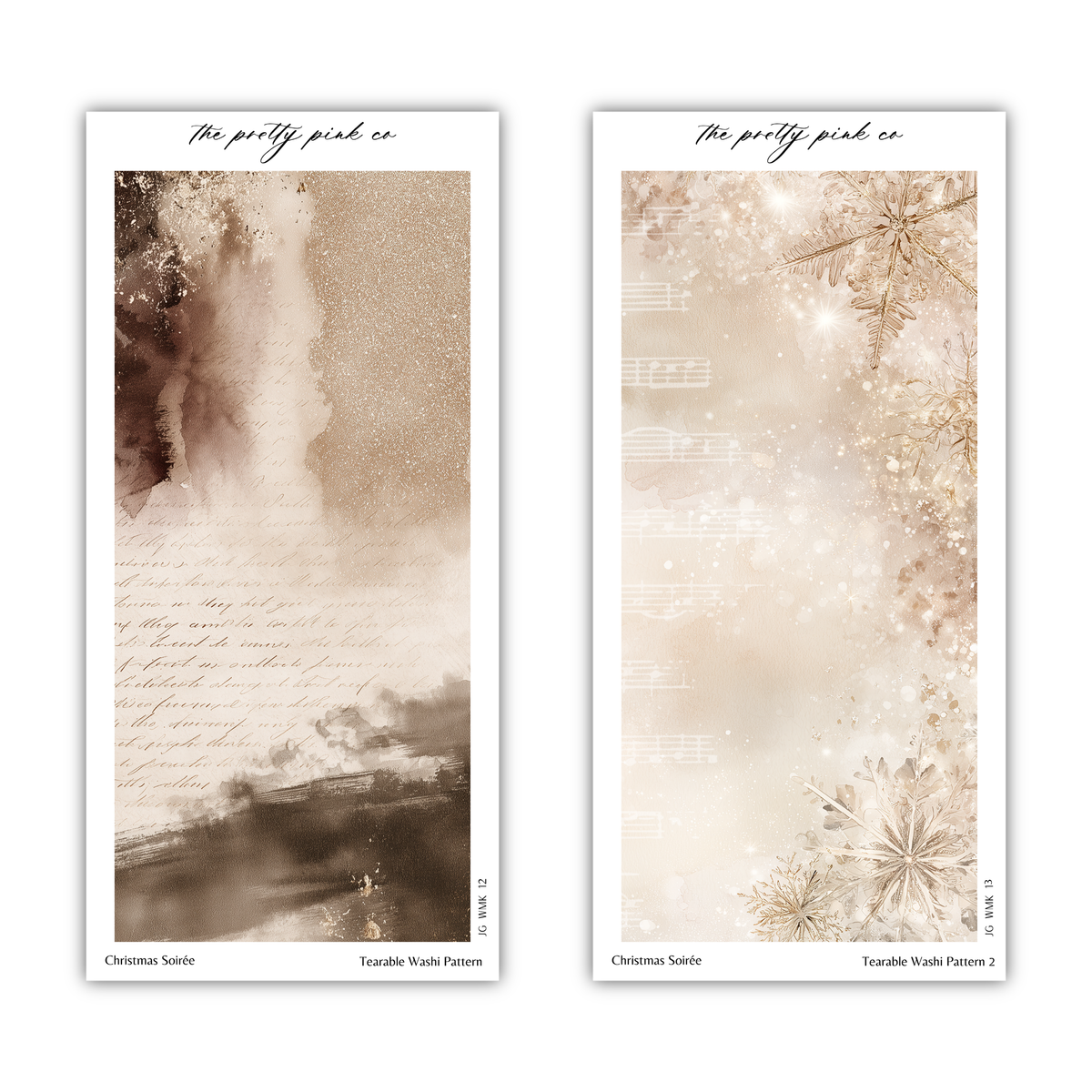 two separate pictures, each with a different background. The left picture has a textured, brown background with a handwritten note, while the right picture has a more abstract, beige background with a snowflake design.