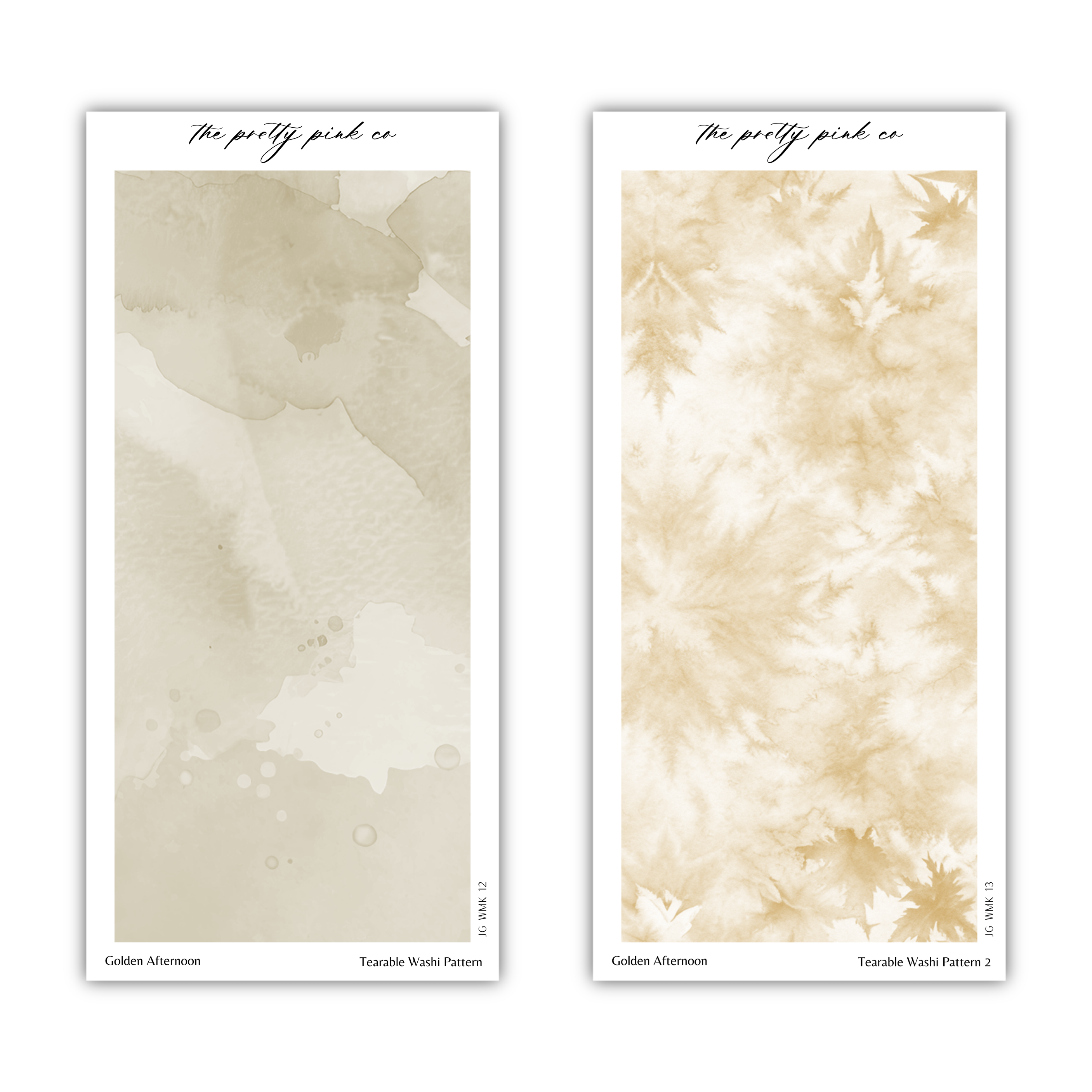 two identical pictures of a watercolor-like texture, one with a golden color and the other with a darker, more textured appearance. The text above the images reads "The pretty pink co" and below the images, the names "Golden Morning" and "Tearable Wash Pattern 2" are provided.