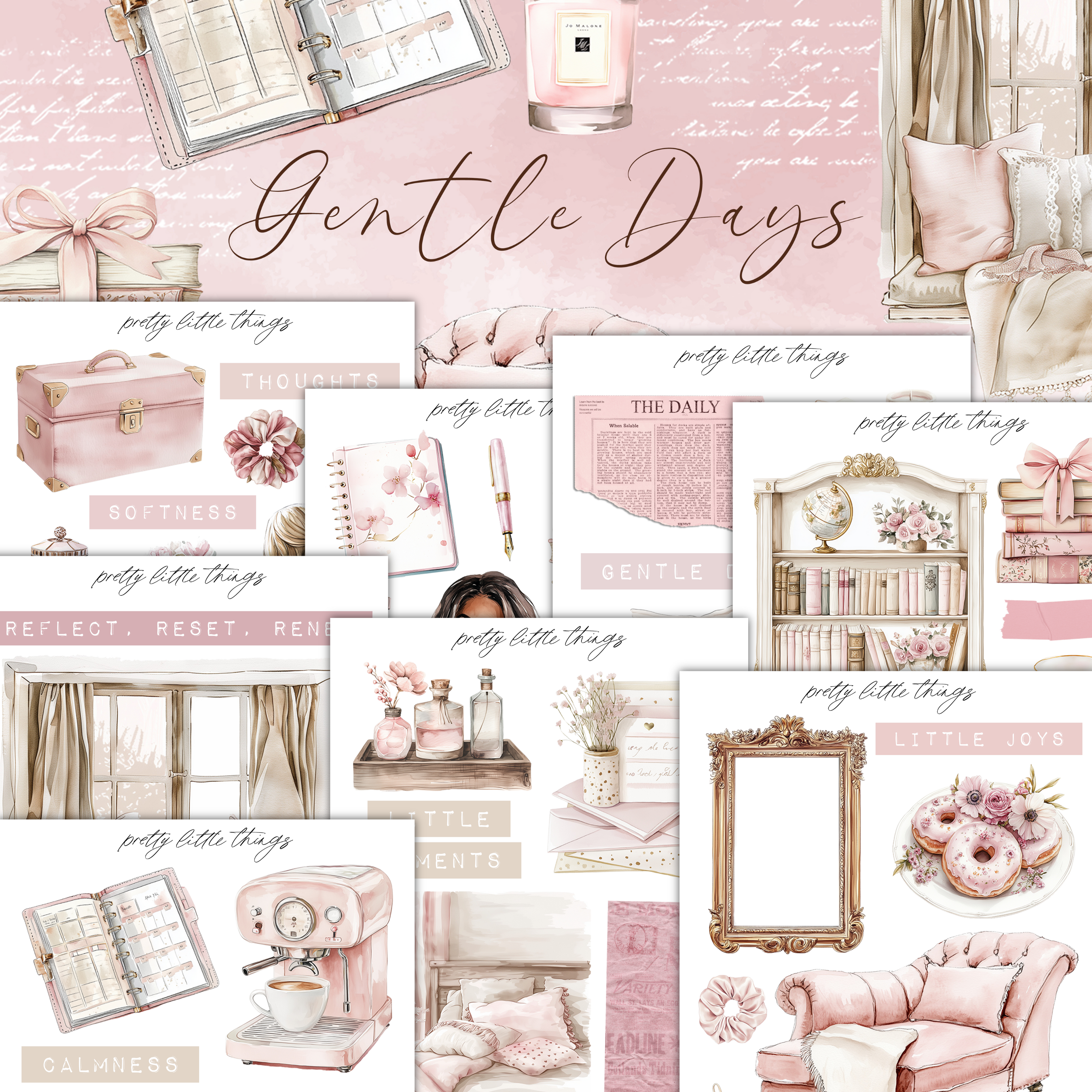 a collage of pink and white furniture and accessories