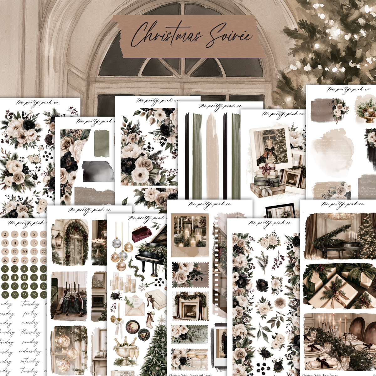 The image is a collage of various Christmas-themed images, including floral arrangements, holiday decorations, and festive scenes.