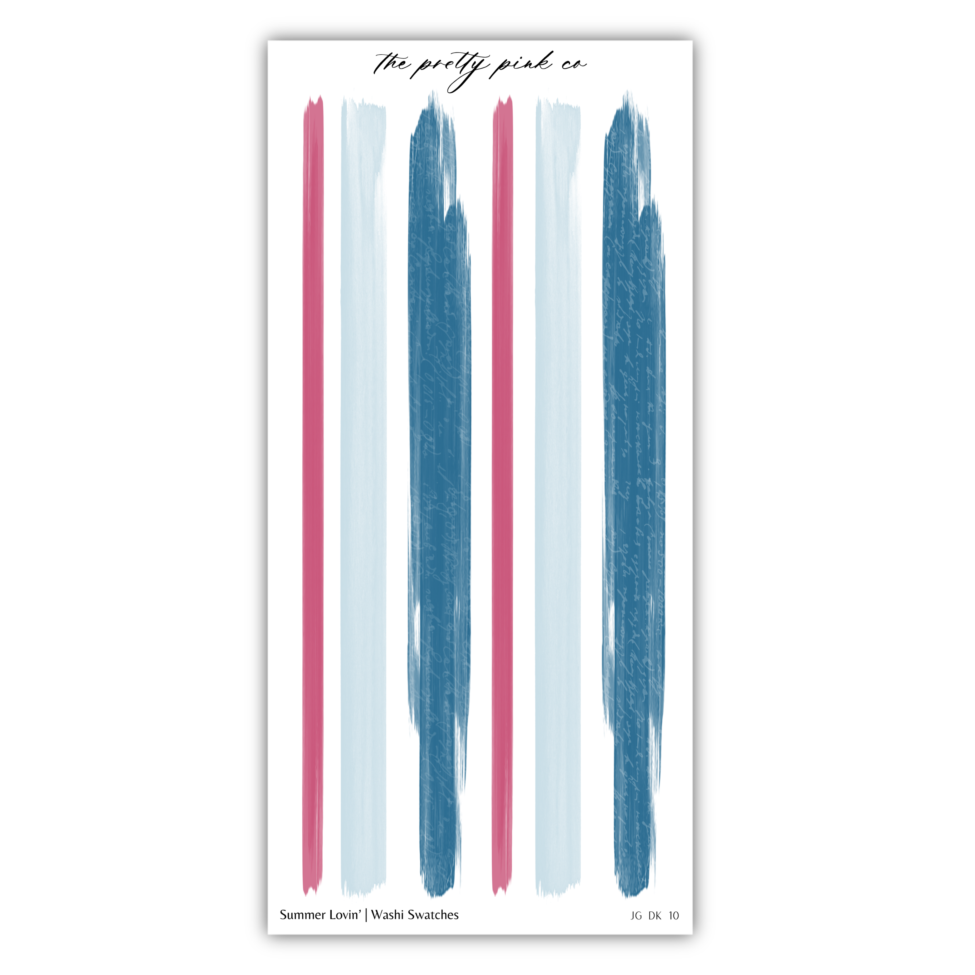 The image is a collage of various brush strokes in different colors, including blue, pink, and white, arranged in a vertical line.