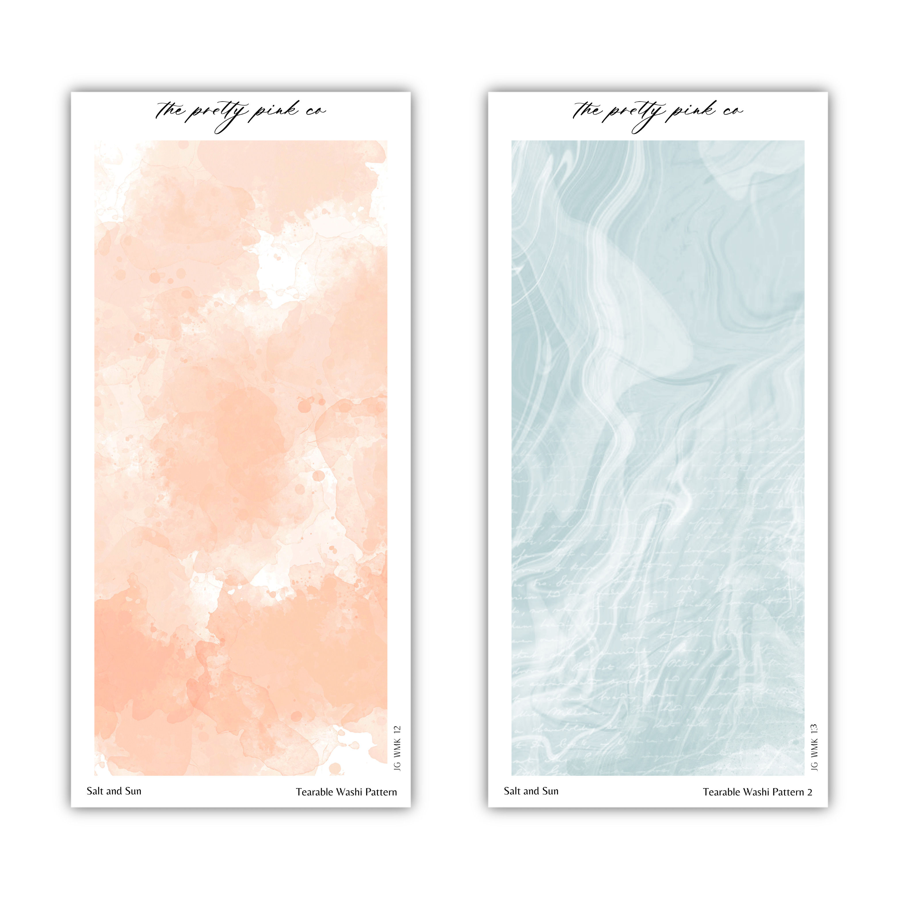 two abstract artworks with different color schemes and patterns. The left artwork is a watercolor-style piece with a soft, pastel color palette, while the right artwork is a marble-style piece with a more textured, abstract pattern. The artworks are titled "The pretty pink co" and "Terrable Wash Pattern 2", indicating their artistic style and subject matter.