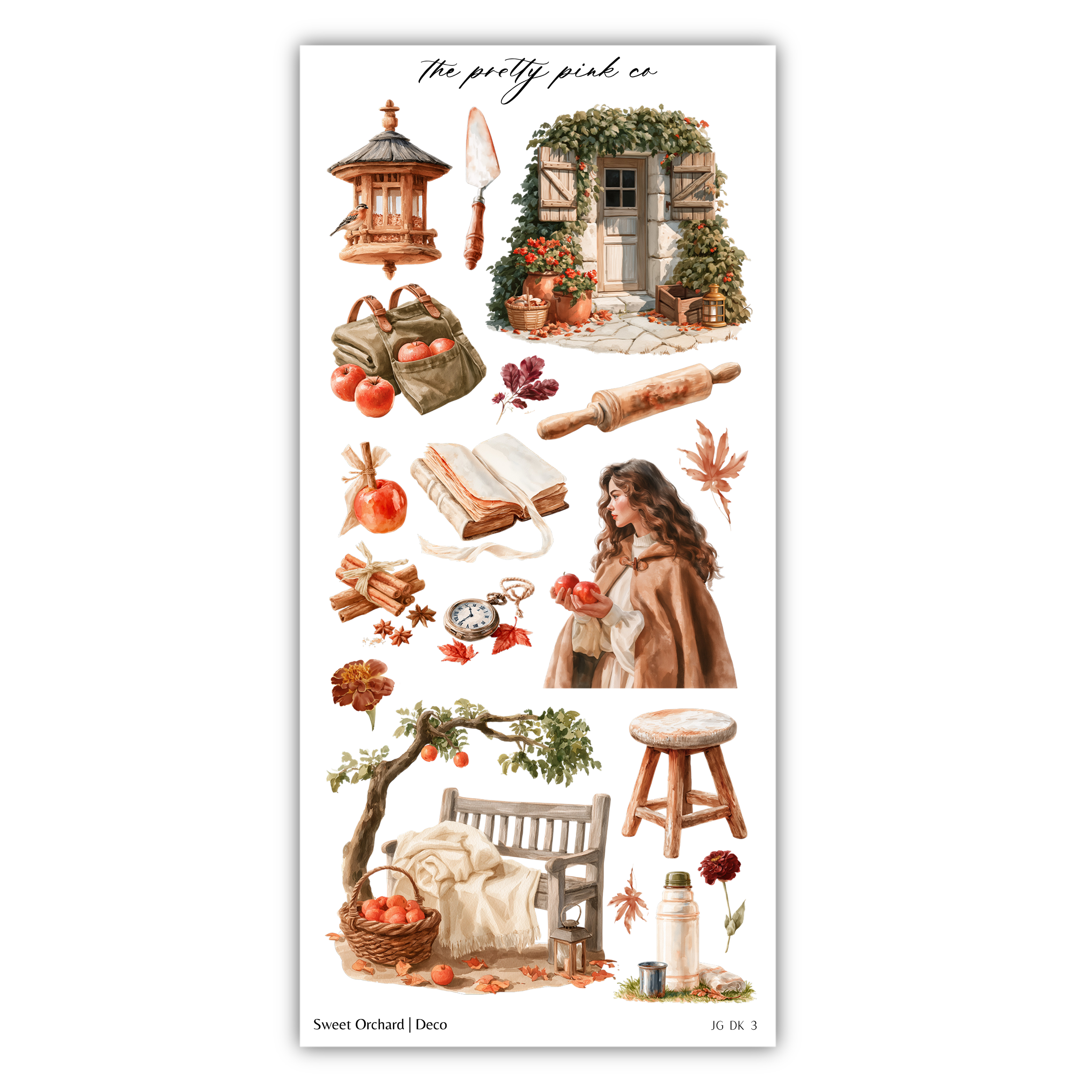 The image is a collage of various autumn-themed items, including a gazebo, a woman, a book, a clock, a basket of apples, a tree, a bench, and a rolling pin.