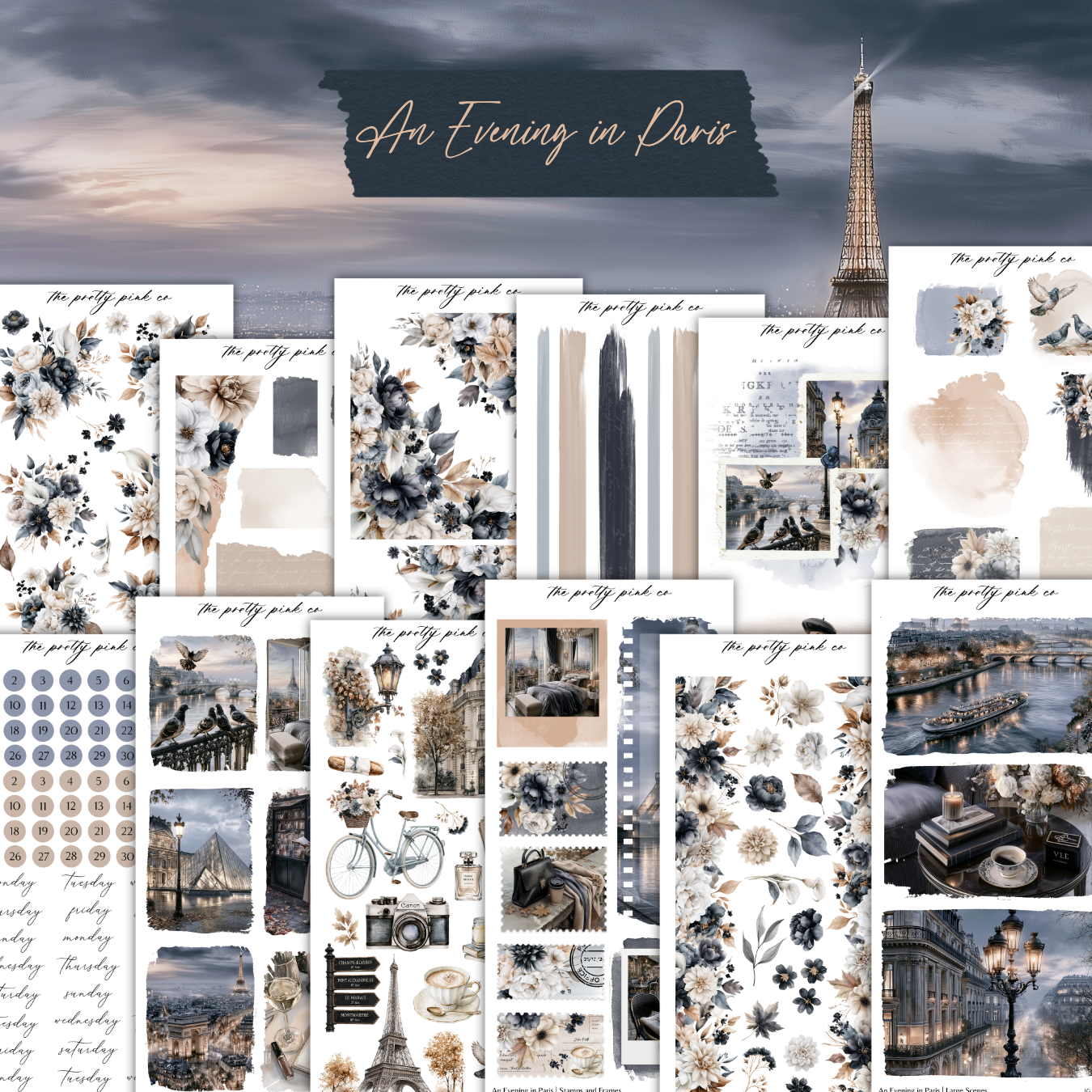 The image is a collage of various images depicting scenes and objects from Paris, including the Eiffel Tower, flowers, bicycles, and other cityscape elements.
