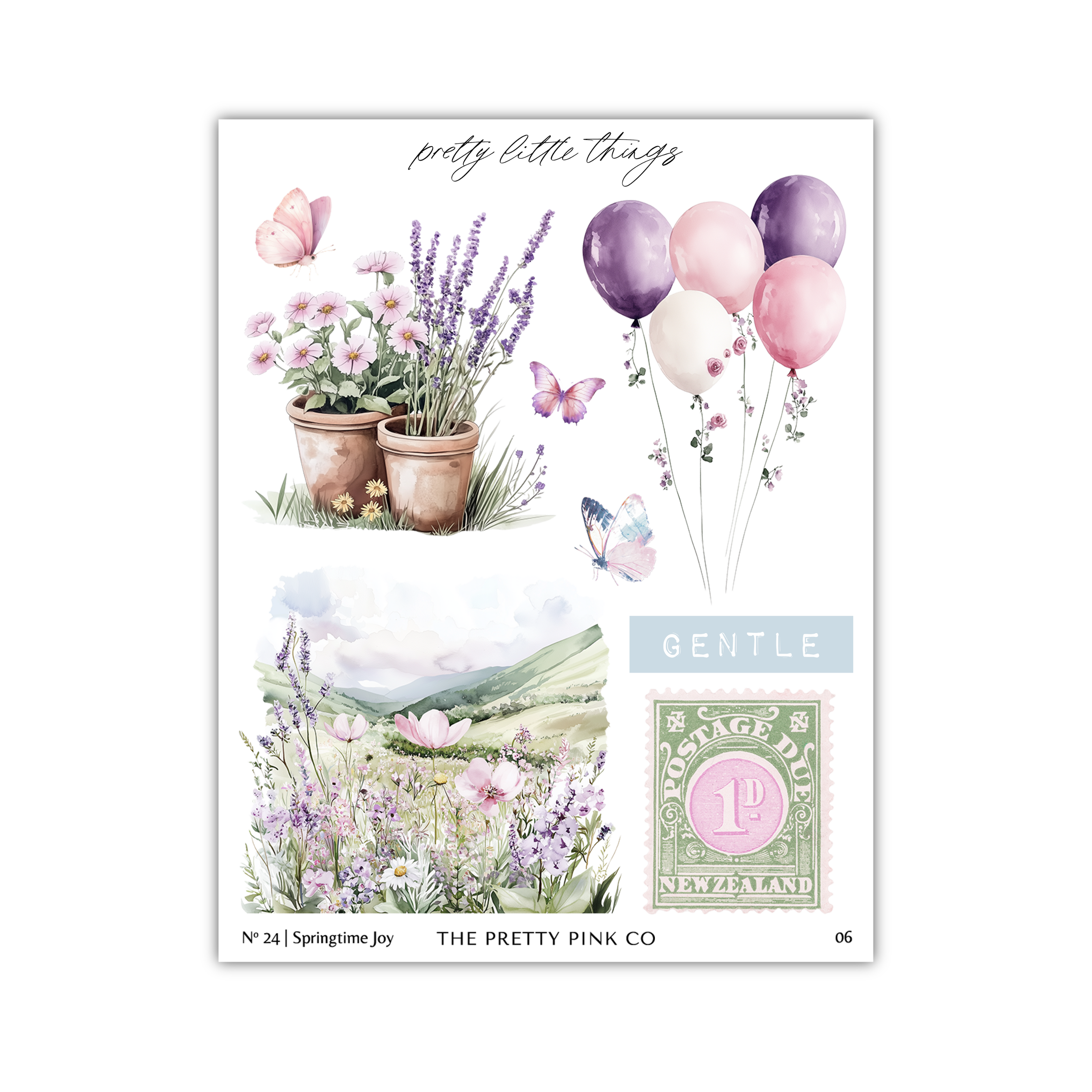 The image is a collage of various elements, including flowers, balloons, a landscape, and a postage stamp.