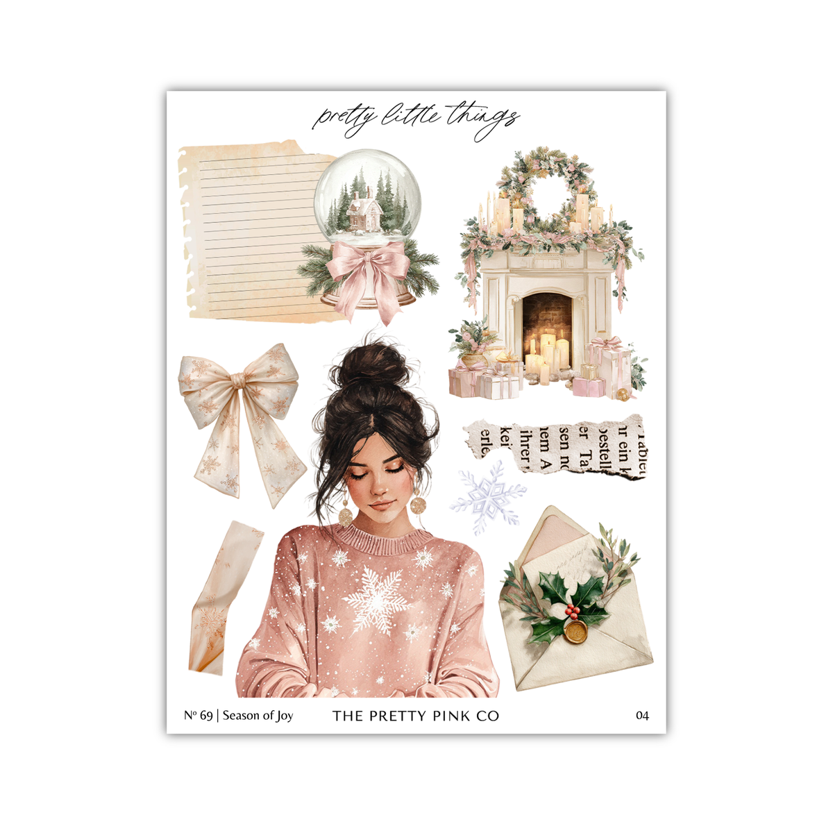 The image is a collage of various decorative elements and a woman's portrait, including a fireplace, a bow, a snowflake, and a woman's face.
