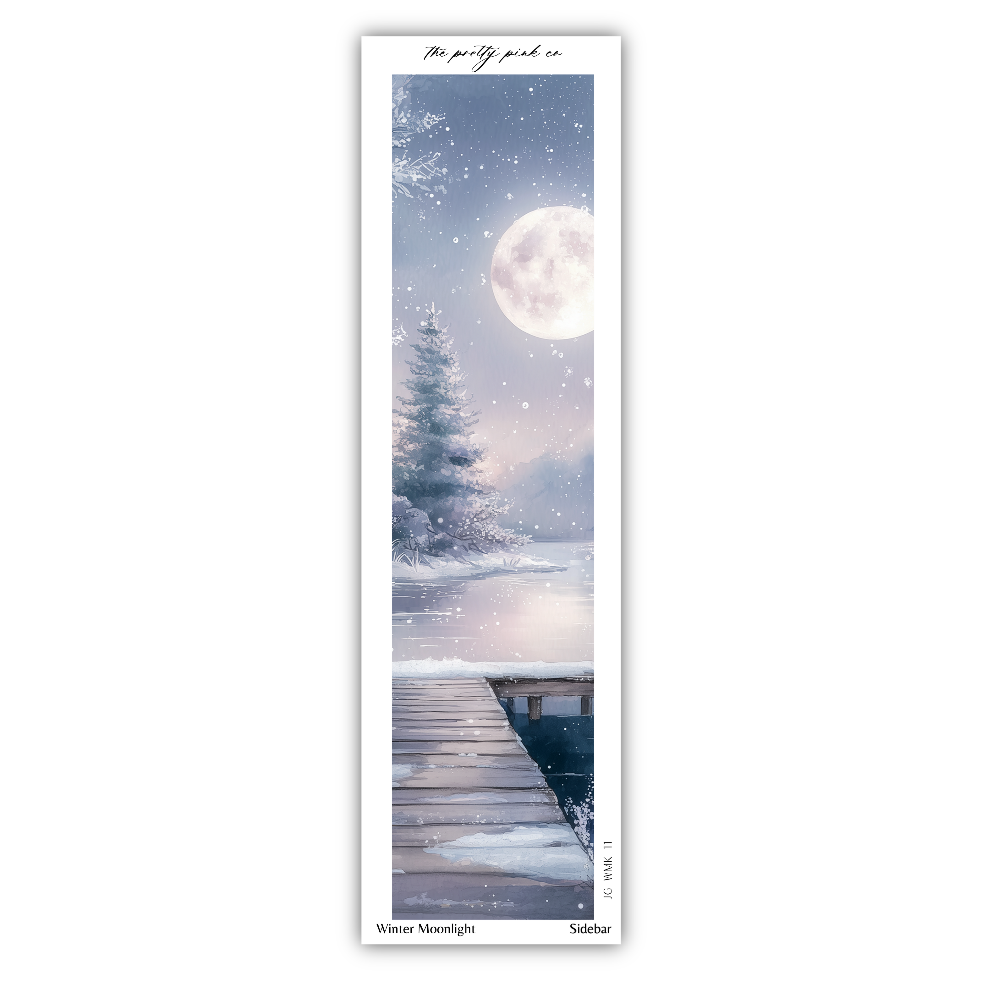 A serene winter landscape with a wooden dock extending into a calm body of water, surrounded by snow-covered trees and a full moon in the night sky.