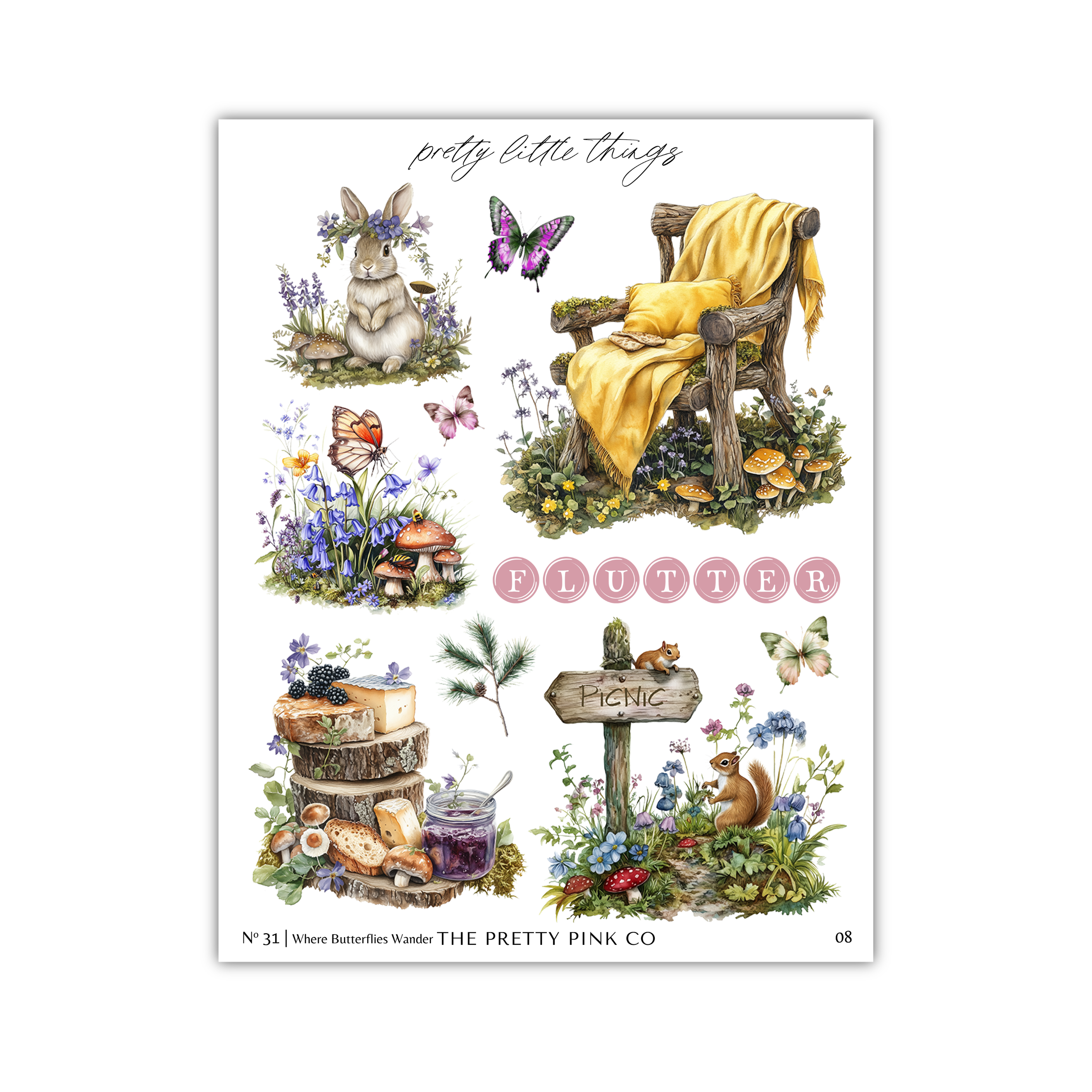 The image is a collage of various nature-themed illustrations, including a rabbit, butterflies, a blanket, a picnic sign, and other elements associated with a picnic or garden setting.