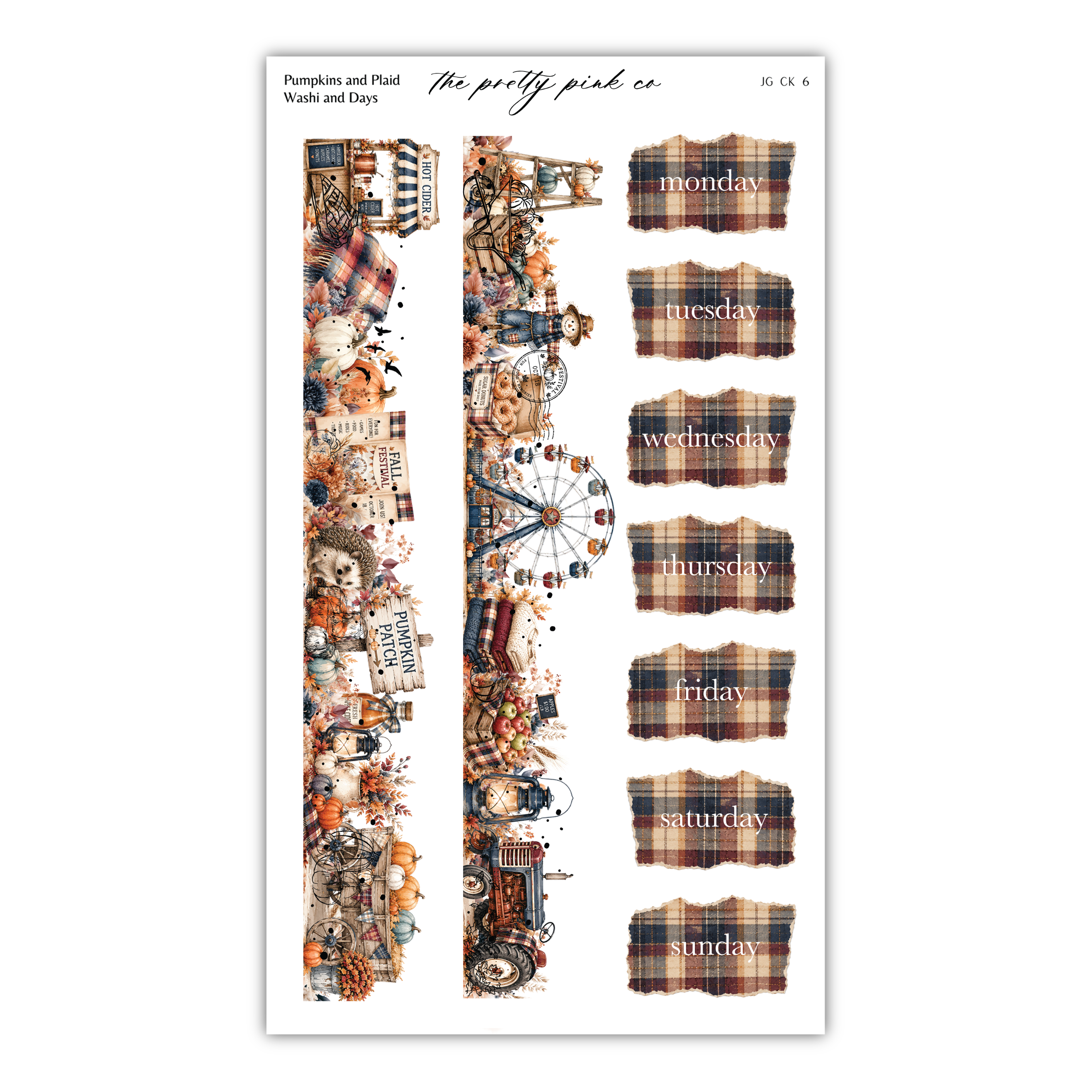 The image is a collage of various autumn-themed elements, including pumpkins, plaid blankets, a ferris wheel, and fall foliage. The collage is organized into a grid format with days of the week listed on the left side and different autumn-themed elements on the right side.