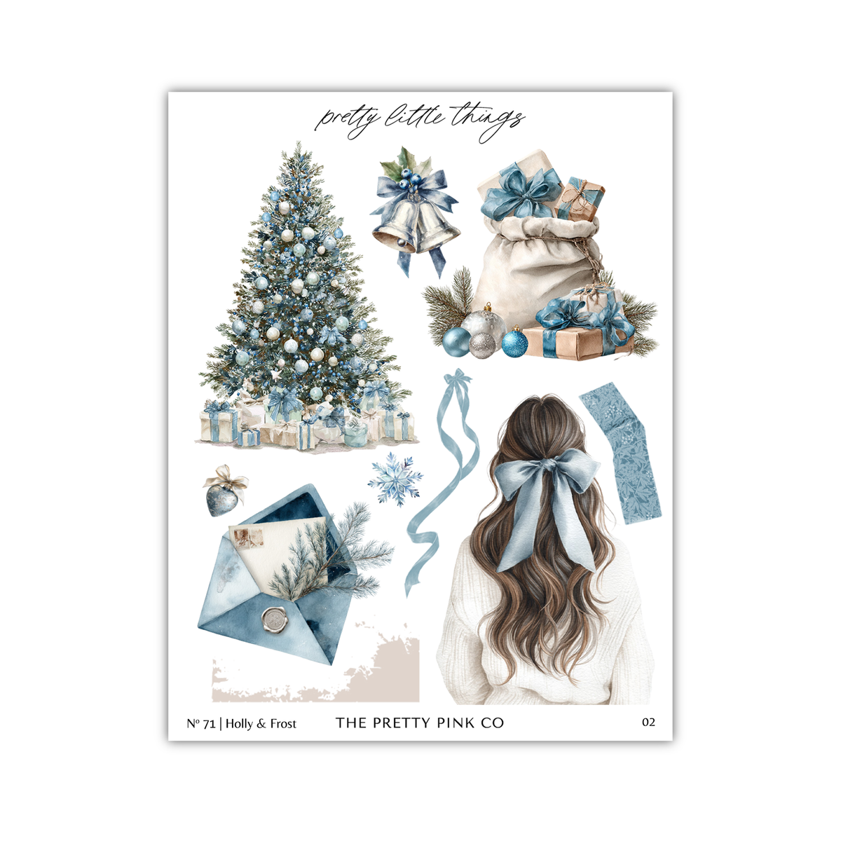 The image is a collage of various Christmas-themed items, including a Christmas tree, presents, a bag, and a woman with a blue bow in her hair.