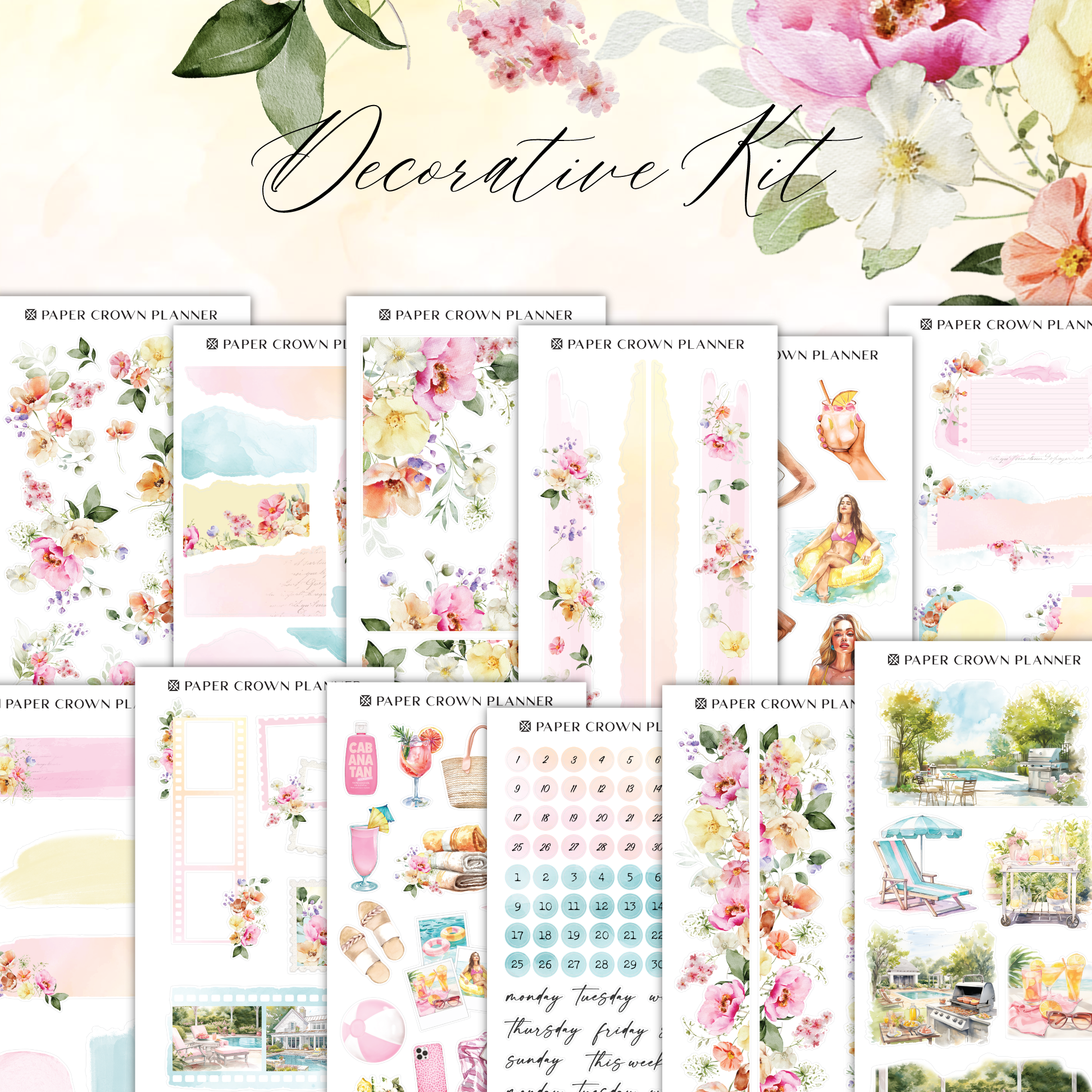 a large collection of flowers and watercolor paper