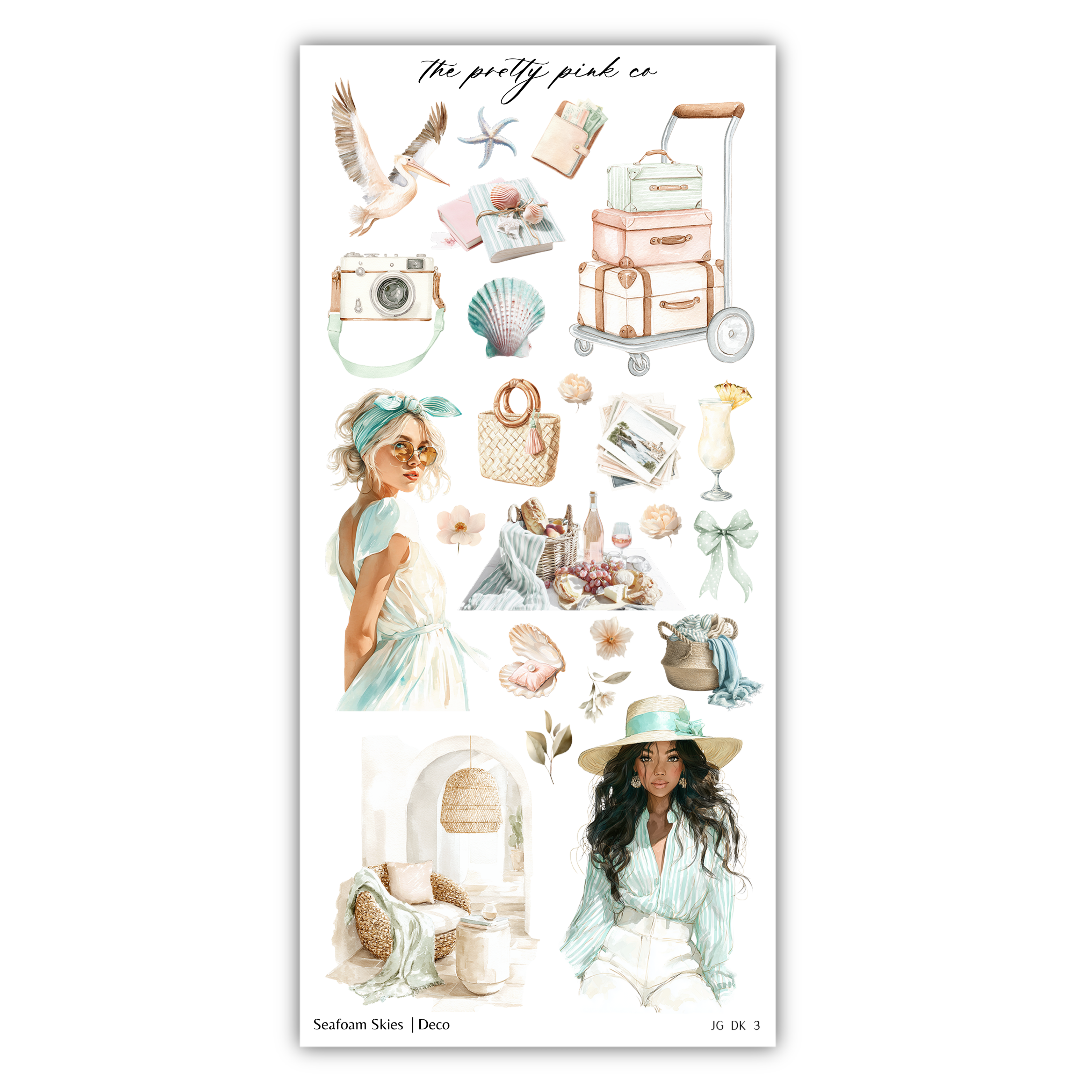 The image is a collage of various illustrations and objects, including a seagull, a suitcase, a camera, a flower, a hat, a woman, and other decorative elements.