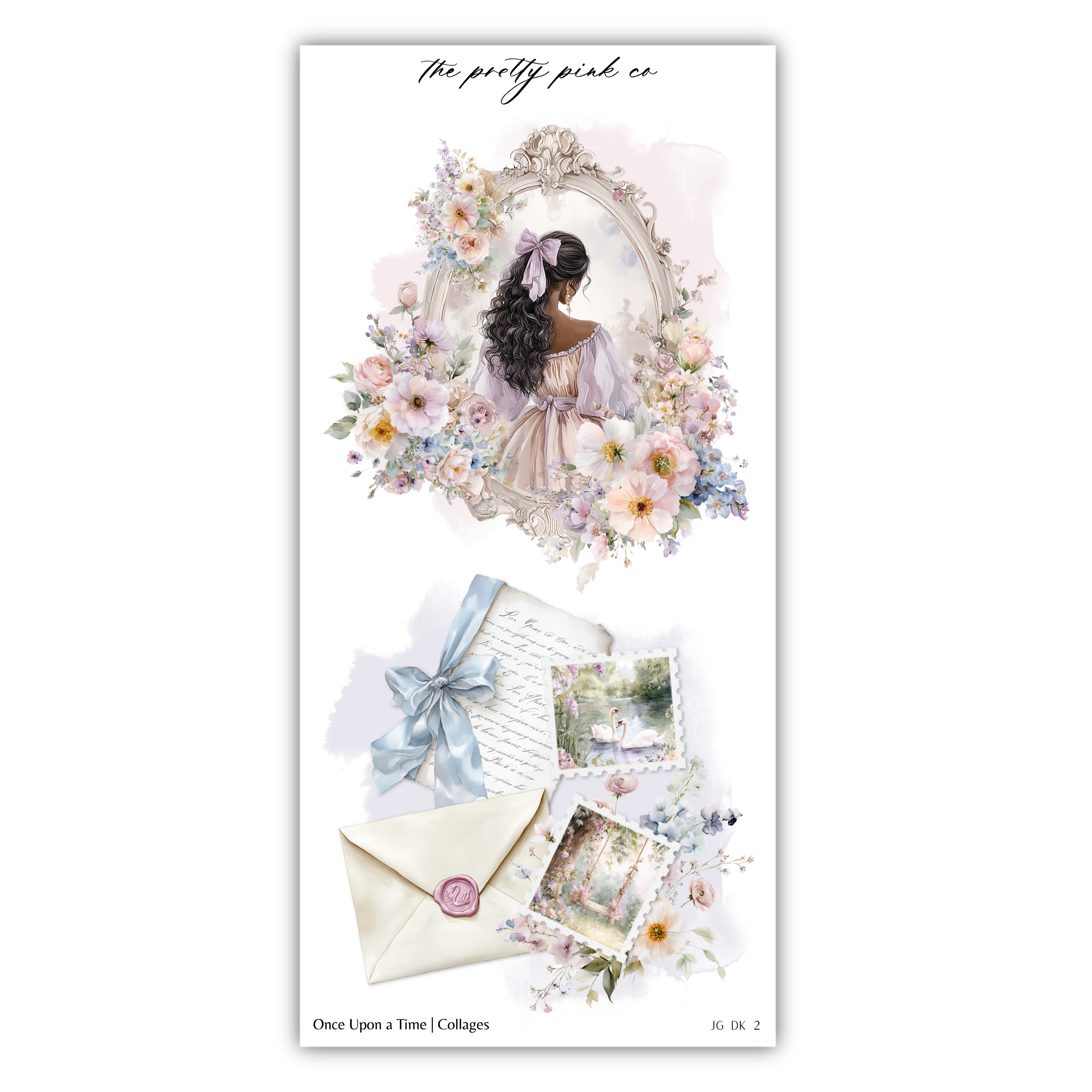 The image is a collage featuring a woman in a pink dress surrounded by flowers, a mirror, and various stationery items such as an envelope, a letter, and a stamp.