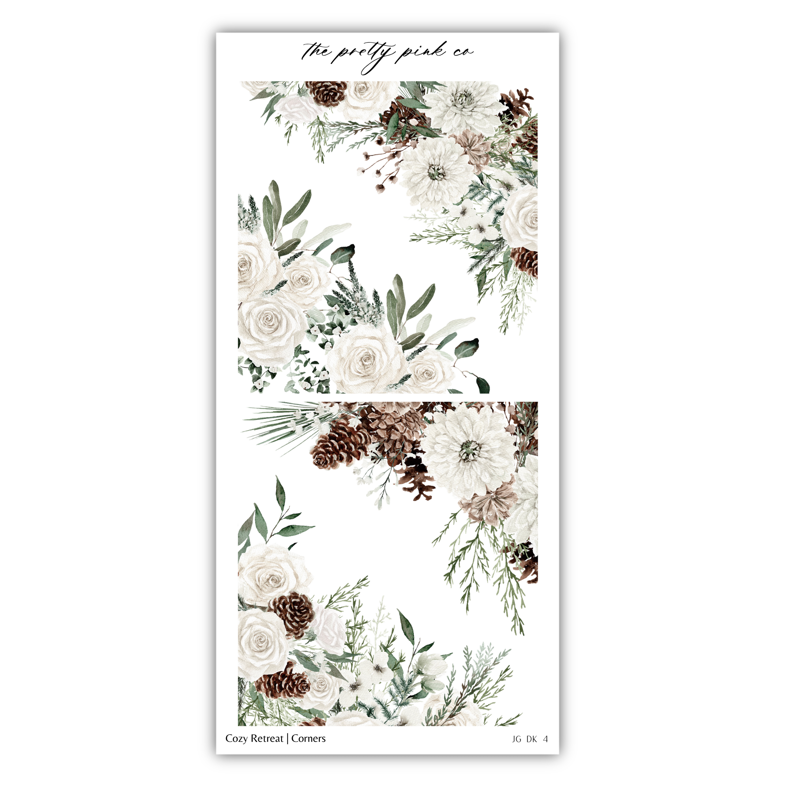 a white sticker with flowers and pine cones