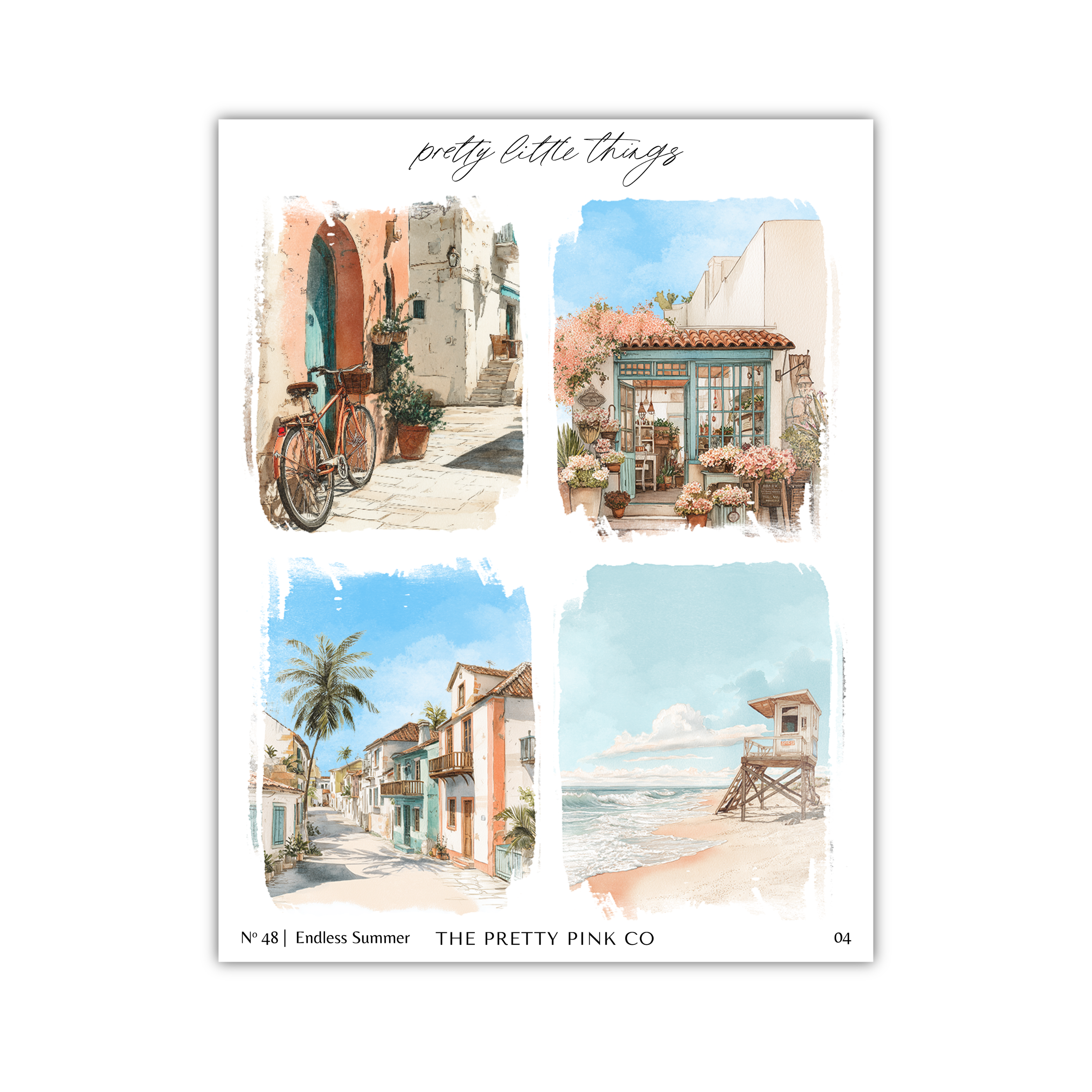 The image is a collage of four different scenes, each depicting a unique aspect of a coastal town or beachside location.