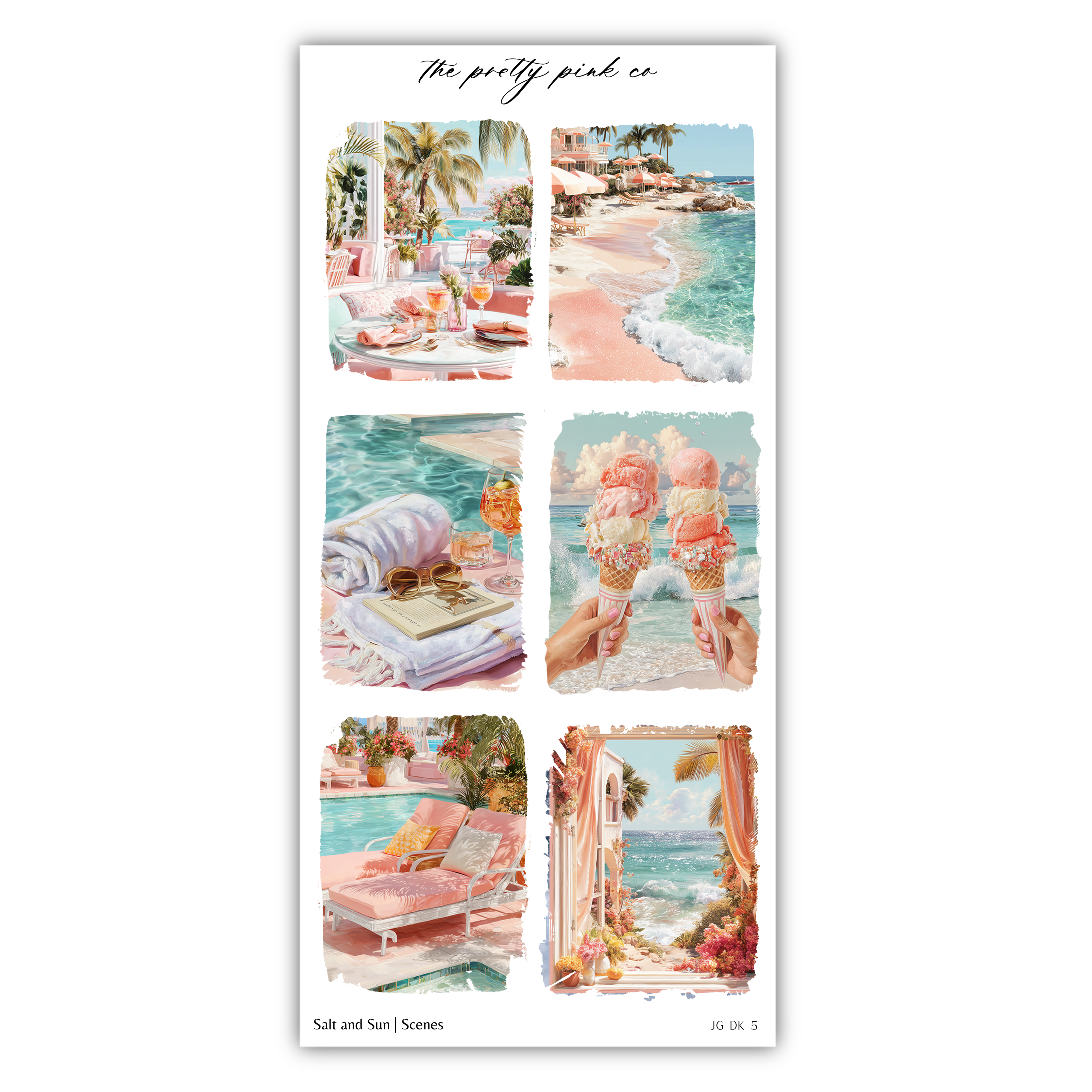 The image is a collage of six pictures depicting various beach and poolside scenes, including a tropical beach, a pool, and people enjoying ice cream cones.