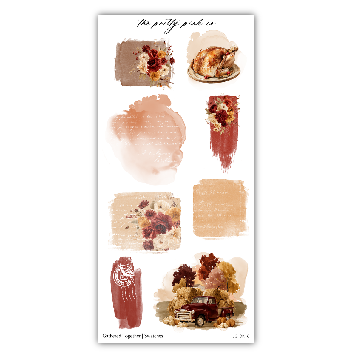 The image is a collage of various autumn-themed elements, including a roasted turkey, flowers, a truck, and a tree.