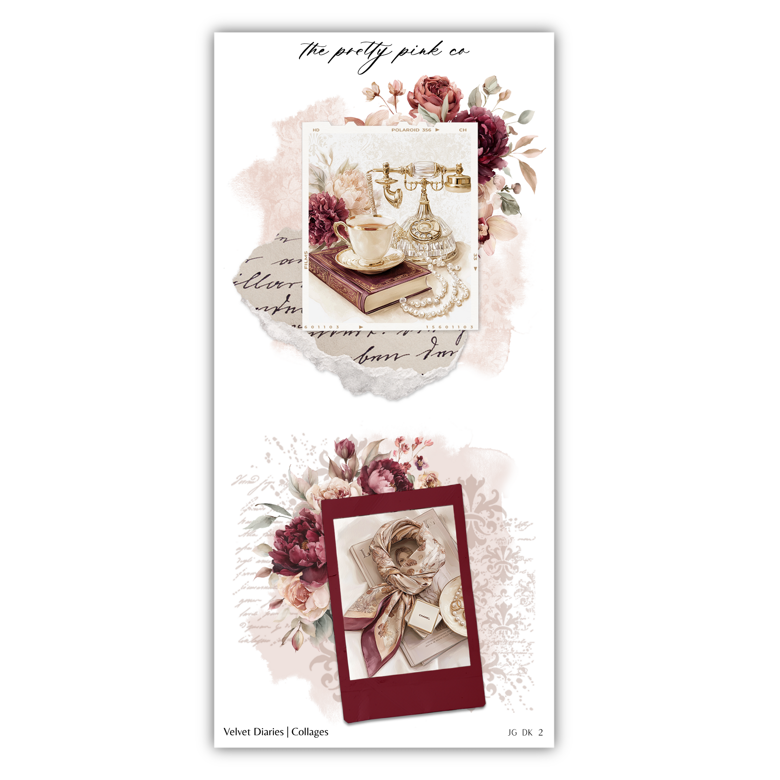 The image is a collage featuring various vintage-style photographs and text elements, including floral designs, antique objects, and handwritten text.
