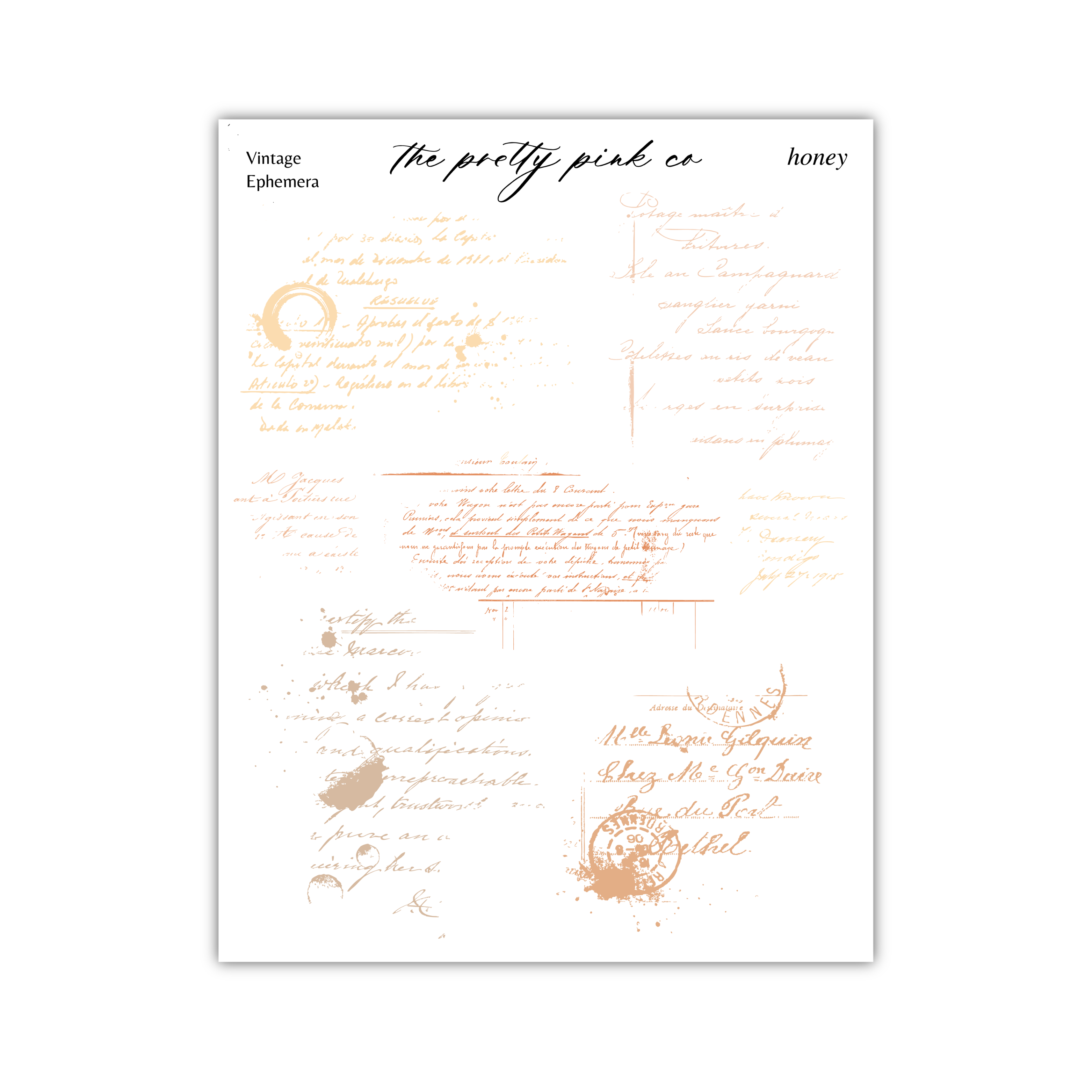 handwritten text and various decorative elements, such as splatters and stamps, arranged in a collage-like format.