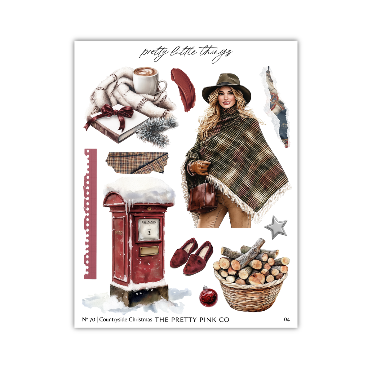 The image is a collage of various winter-themed items, including a woman in a plaid blanket, a red telephone booth, a basket of firewood, and a cup of hot chocolate. The collage also features a woman in a hat and a plaid blanket, as well as a star and a snow-covered tree. The collage is titled "pretty little things" and includes the text "N°70 Countryside Christmas The Pretty Pink Co 04".