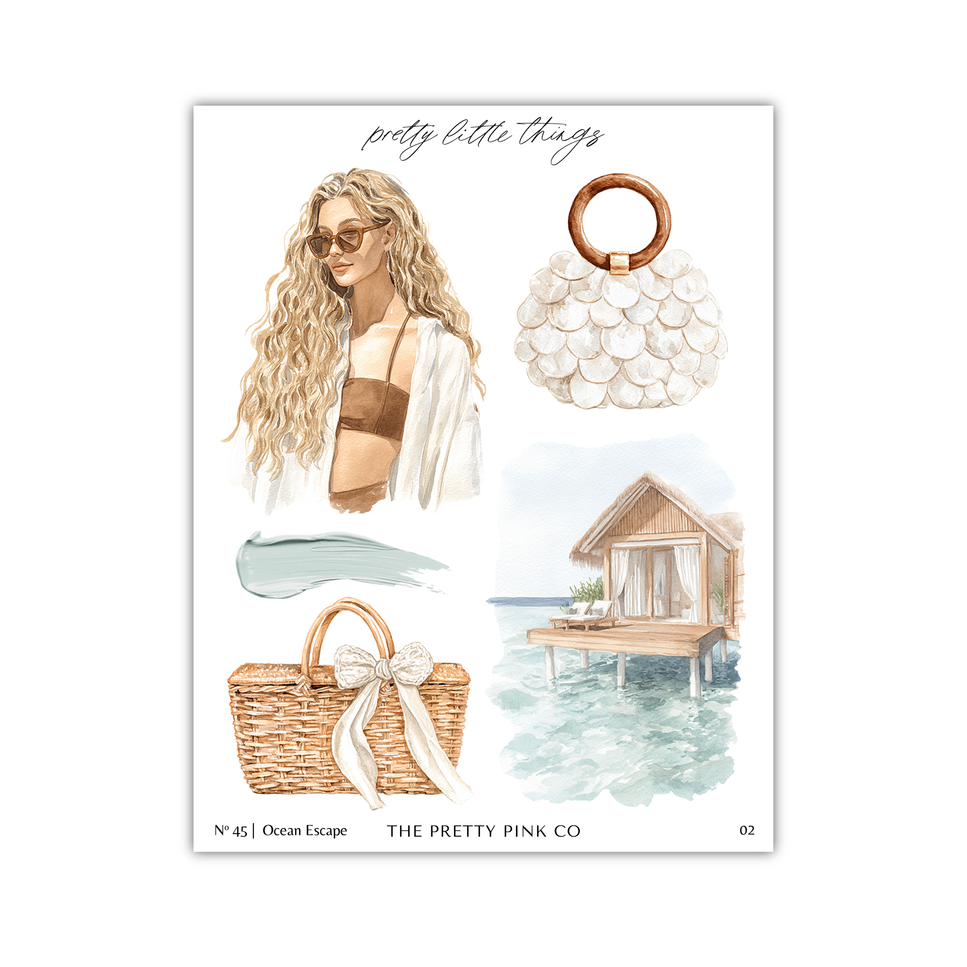 The image is a collage of various fashion and lifestyle elements, including a woman with long blonde hair, a handbag, a wicker basket, a wooden hut, and a boat on the water.