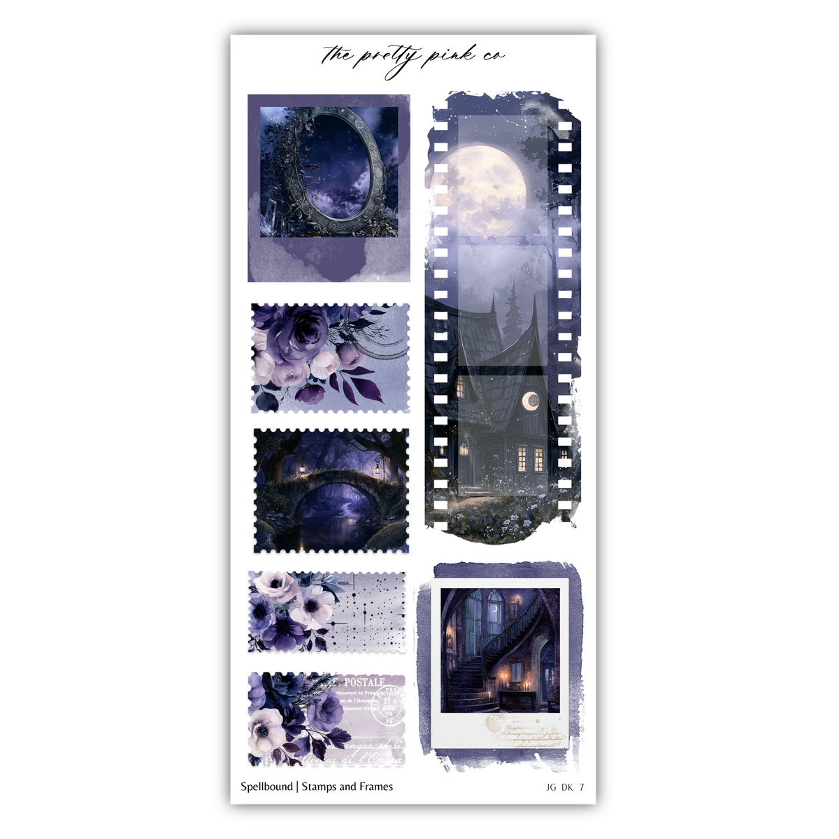 The image is a collage of various artistic and decorative elements, including a large moon, a castle, flowers, and other fantastical scenes. The collage is framed by a border and includes a variety of stamps and frames.