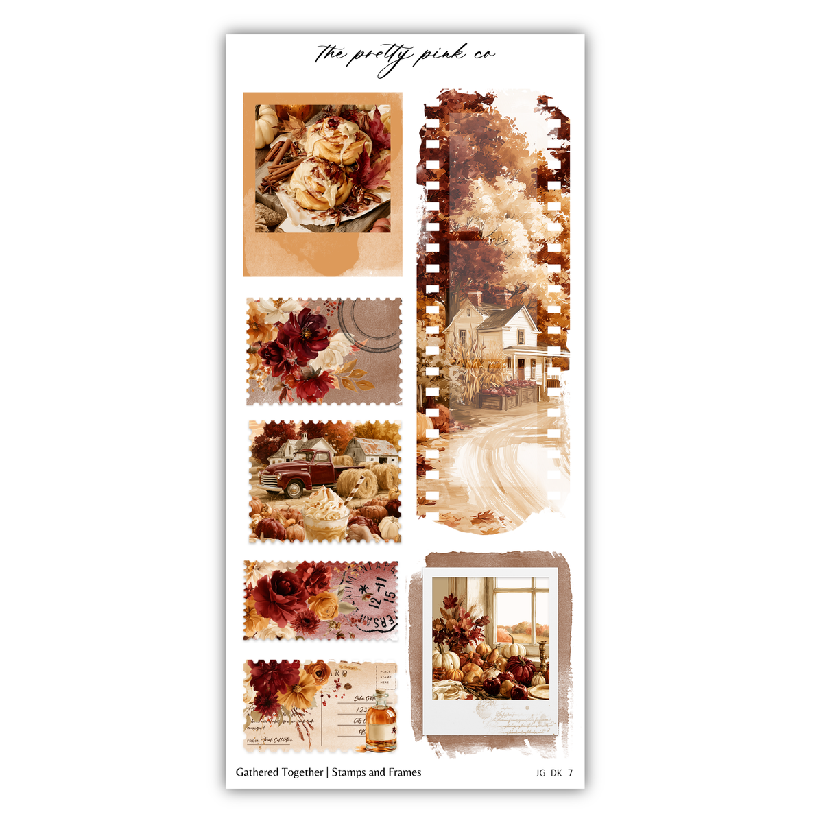 The image is a collage of various autumn-themed images, including a house, pumpkins, flowers, and a road. The collage is organized into different frames and stamps, creating a visually appealing and cohesive composition.