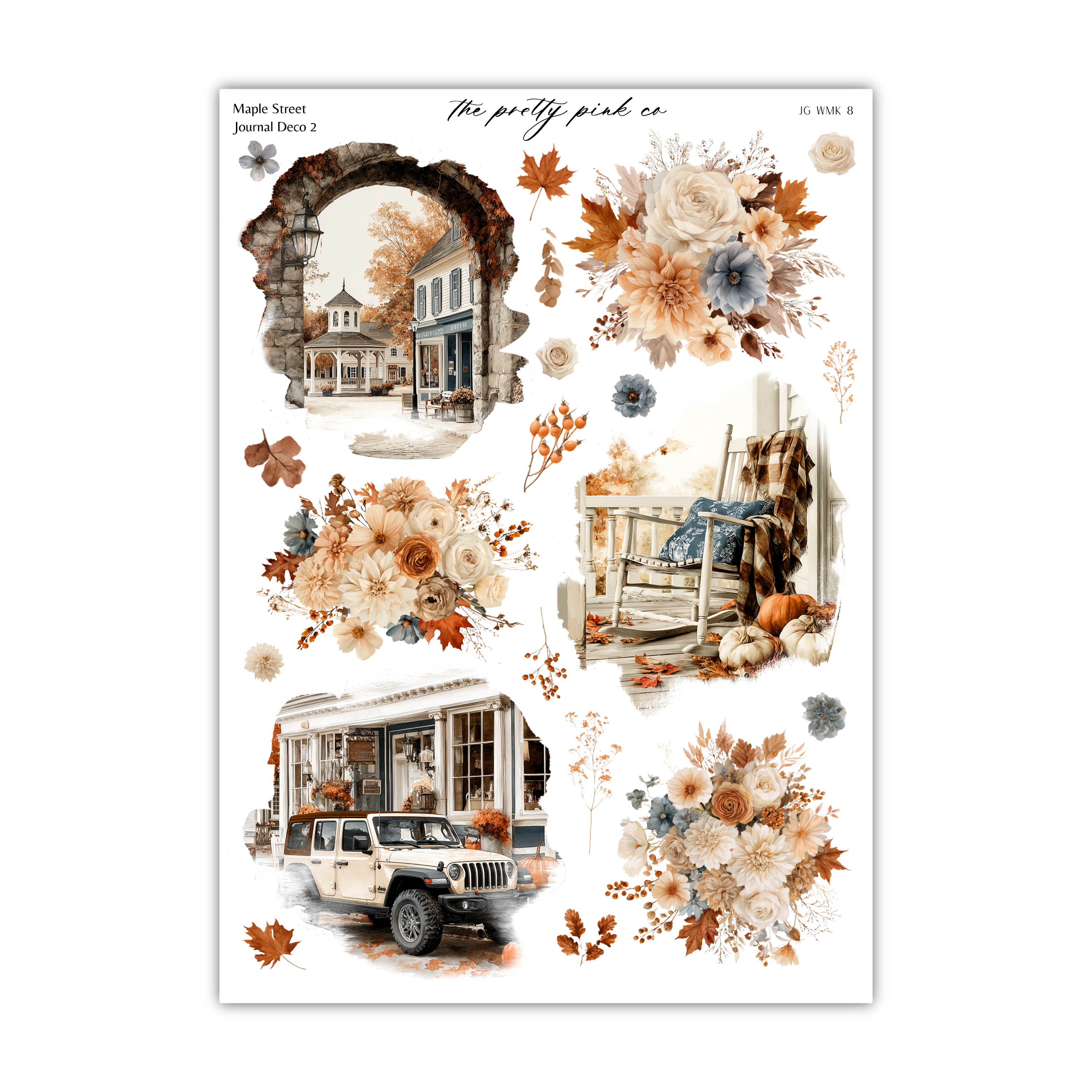 The image is a collage of various autumn-themed elements, including a house, a car, flowers, leaves, and a porch.