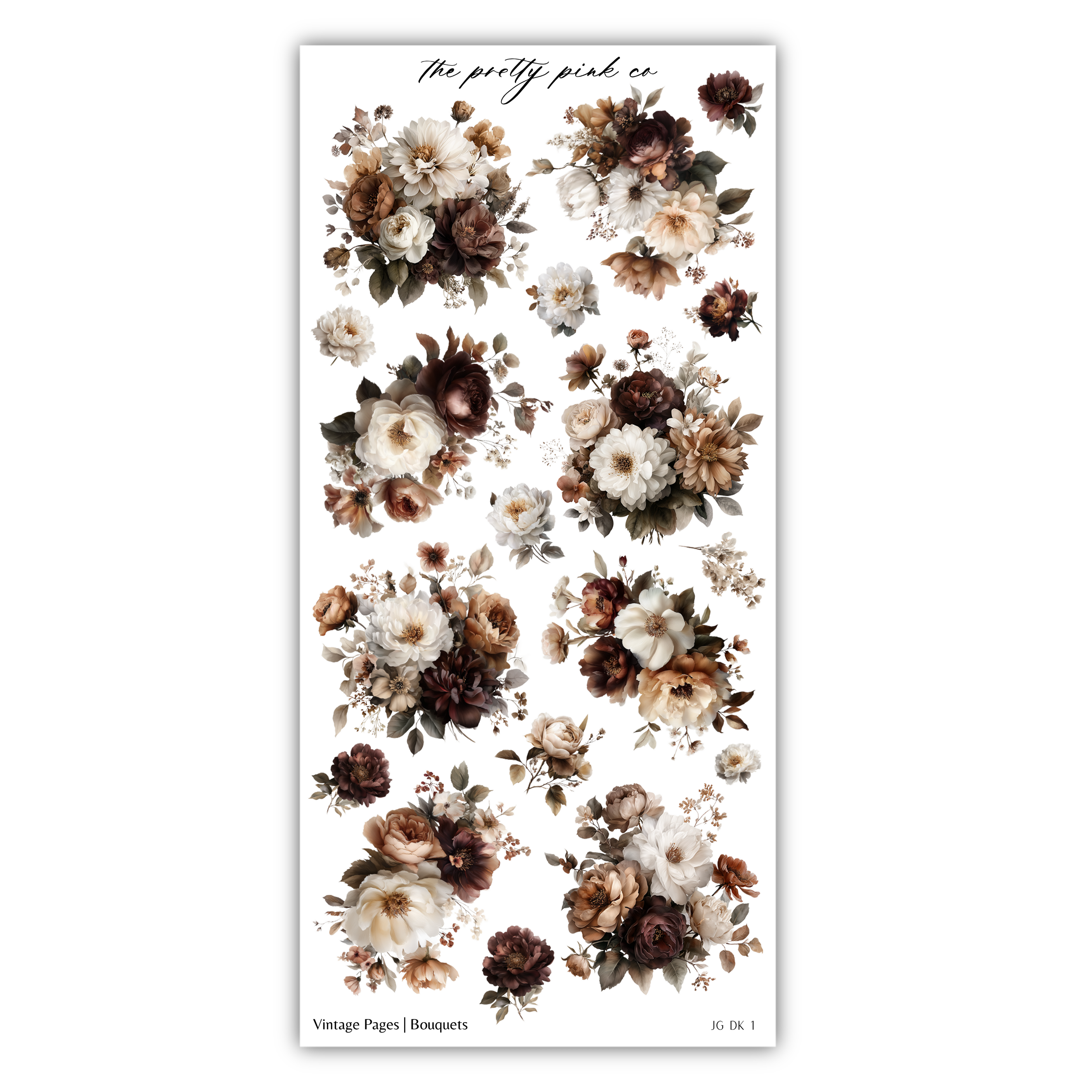a collection of floral arrangements in various shades of brown, white, and beige, arranged in a grid-like pattern.