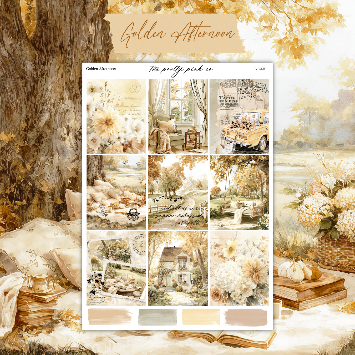 The image is a collage of various autumn-themed scenes, including a tree, flowers, a picnic, and a cozy indoor setting. The collage is titled "Golden Afternoon" and includes text that describes the different elements of the scenes.