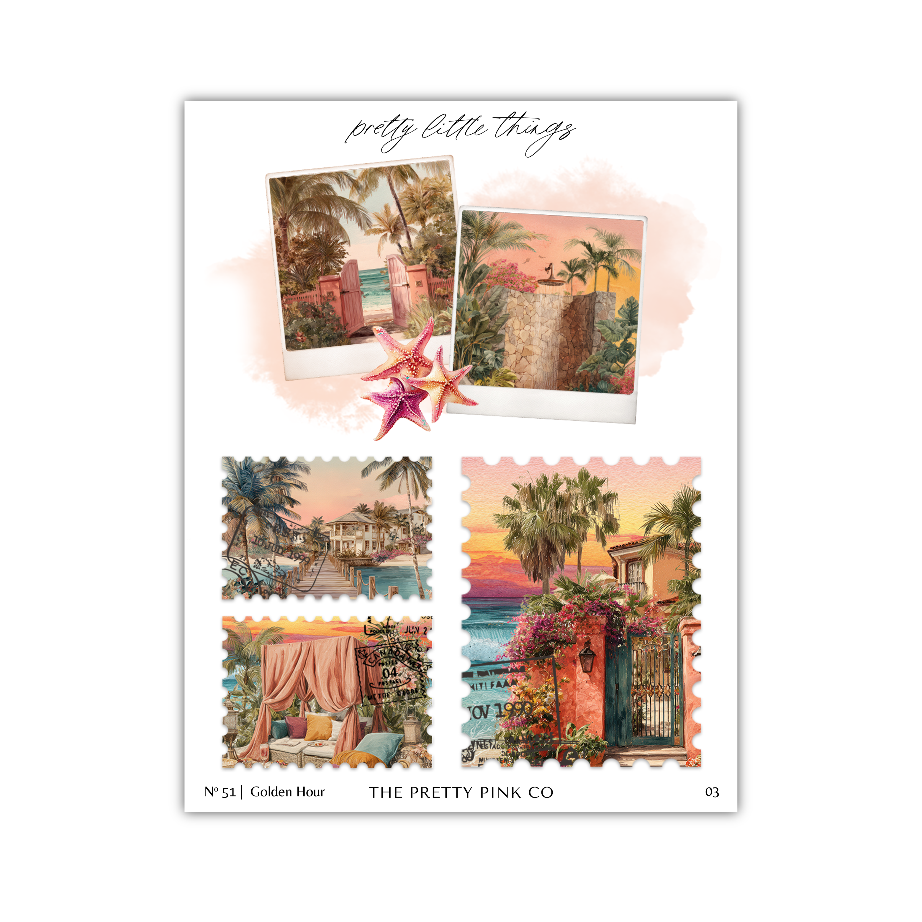 The image is a collage of four tropical-themed images, including palm trees, a sunset, a beach, and a hotel.
