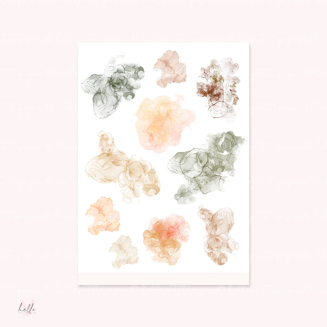 a collection of abstract floral designs in various shades of green, orange, and brown, arranged in a grid-like pattern against a light pink background.